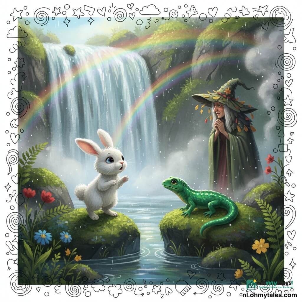 Een klein wit konijn met donzige vacht en glanzende ogen staat op een gladde steen, moedig en verwonderd, oren rechtop en voorpootjes licht opgeheven alsof het spreekt; naast hem een kleine groene salamander met glanzende reflexen op dik mos, zorgelijk maar loyaal, naar het konijn gedraaid; verder bij de watervalrand een oude heks in een vloeiende mantel in botticelli-tinten en hoed van verwelkte bloemblaadjes, mysterieuze silhouet in nevel, armen gekruist, kijkt vanuit de schaduw. Locatie: grote waterval als zilveren gordijnen, nevel met regenbogen, rotsen bedekt met groen mos, varens en wilde bloemen. Hoofdscène: een gespannen maar magische ontmoeting aan de voet van de waterval — het konijn stapt naar voren om een wens te vragen terwijl de heks luistert, zonlicht doorbreekt de nevel en geeft kleurrijke reflecties op het water. Visuele stijl: zachte contrasterende kleuren, viltachtige texturen voor de dieren, zichtbare druppels en kinderlijke doodles (sterren, blaadjes, bewegingslijnen).
