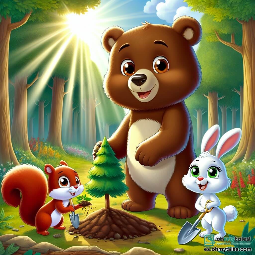 Un oso de pelaje marrón suave y brillante, con grandes ojos curiosos y una sonrisa cálida, se encuentra en el centro de la escena, mirando con determinación un pequeño árbol que acaba de plantar. A su lado, una pequeña ardilla de ojos chispeantes y pelaje rojizo, sonriente y llena de energía, sostiene una pequeña pala, lista para ayudar. Un conejo de grandes orejas blancas, con una expresión alegre, está recogiendo basura cerca, mostrando su compromiso con la protección de su bosque. El lugar es una hermosa clara soleada, rodeada de grandes árboles verdes, con flores coloridas que bailan al viento. La situación principal muestra a los tres amigos trabajando juntos para cuidar de su bosque, uniendo fuerzas para plantar árboles y limpiar su entorno, ilustrando así la importancia de la solidaridad frente al cambio climático.