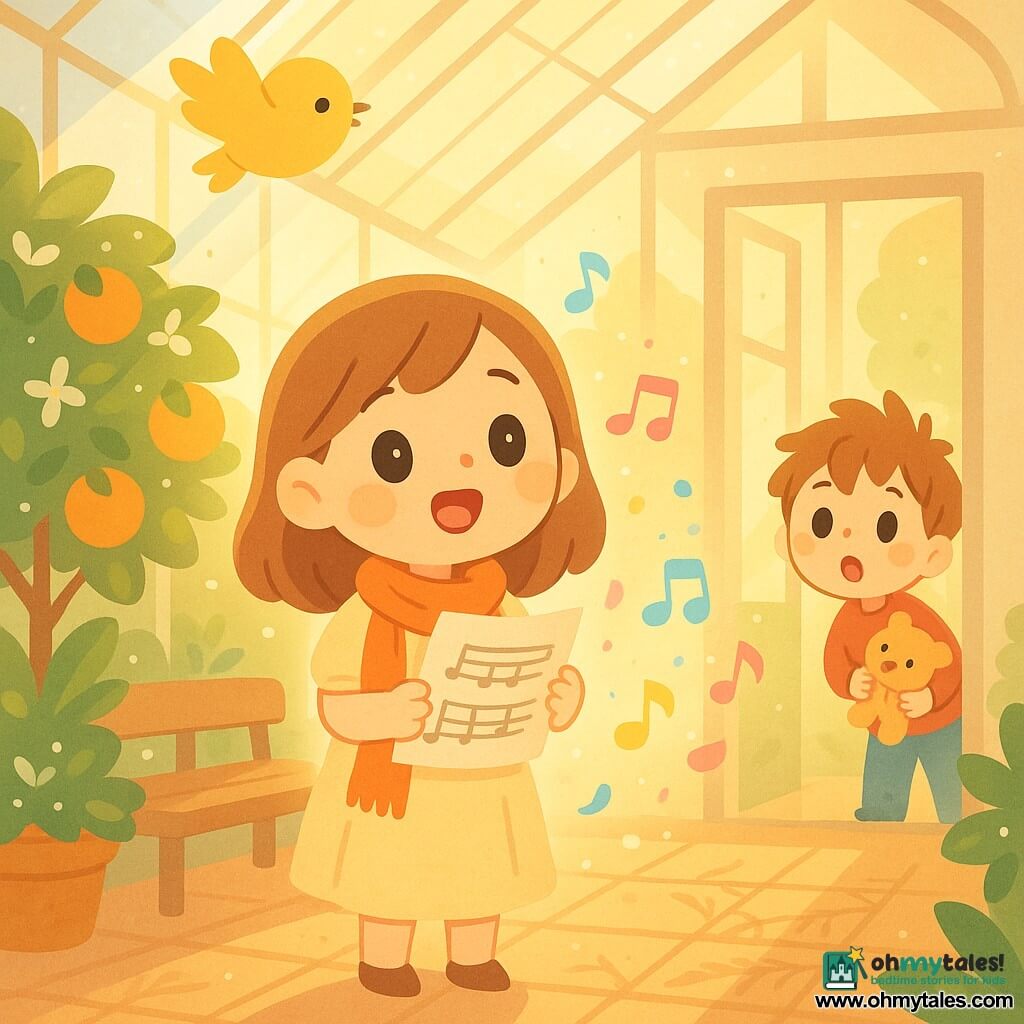 A young female singer, radiant and moved with a soft smile and bright eyes, wears a light cream dress and an orange scarf, holds a sheet of music and sings standing near a bench; a curious six-year-old boy with tousled hair watches discreetly from the orangery door holding a small comfort toy, face full of wonder; a small round yellow bird flutters near the glass ceiling with blurred wings as if listening; the orangery is a large glass-walled greenhouse with terracotta tiles, rows of green orange trees heavy with fruit and white flowers and dewy leaves; morning light streams in golden rays casting warm reflections and delicate branch shadows; the girl is centered as colored musical notes (pale blue, pink, yellow) swirl around her with petals and sparks of light; soft pastel palette with saturated orange accents, simple rounded shapes and clear expressive features conveying joy and focus.
