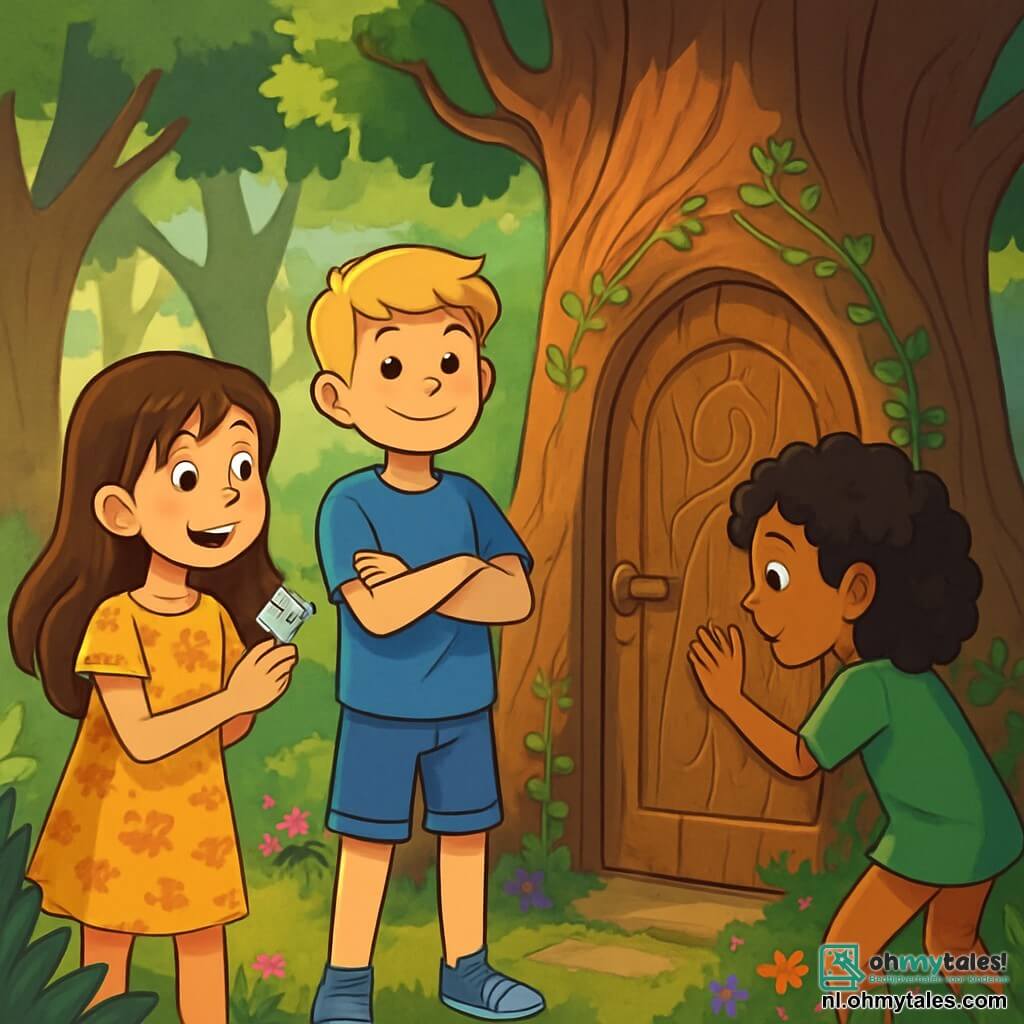Er zijn 3 personages: - Emma: een 10-jarig meisje met lange bruine haren en sprankelende ogen. Ze draagt een gele bloemenjurk en houdt een kleine glanzende kristal in haar hand. Ze staat links en kijkt nieuwsgierig naar de deur van de boom. - Lucas: een 11-jarige jongen met kort blond haar, gekleed in een blauwe t-shirt en een spijkerbroek. Hij staat in het midden met zijn armen gekruist en toont een vastberaden glimlach terwijl hij naar de mysterieuze deur kijkt. - Noor: een 10-jarig meisje met krullend zwart haar, gekleed in een groene tuniek. Ze staat rechts, voorovergebogen en raakt gefascineerd de deur van de boom aan. De locatie is een betoverd bos met grote bomen met knoestige stammen die naar de lucht reiken, hun felgroene bladeren filteren het zonlicht. In het midden van deze scène staat een enorme oude eik majestueus met een in zijn stam geïntegreerde houten deur, omringd door kleurrijke bloemen en lianen. De hoofd situatie toont de drie vrienden voor de deur van de boom, vol opwinding en nieuwsgierigheid, klaar om een magische wereld vol mysteries en zelfreflectie binnen te gaan.