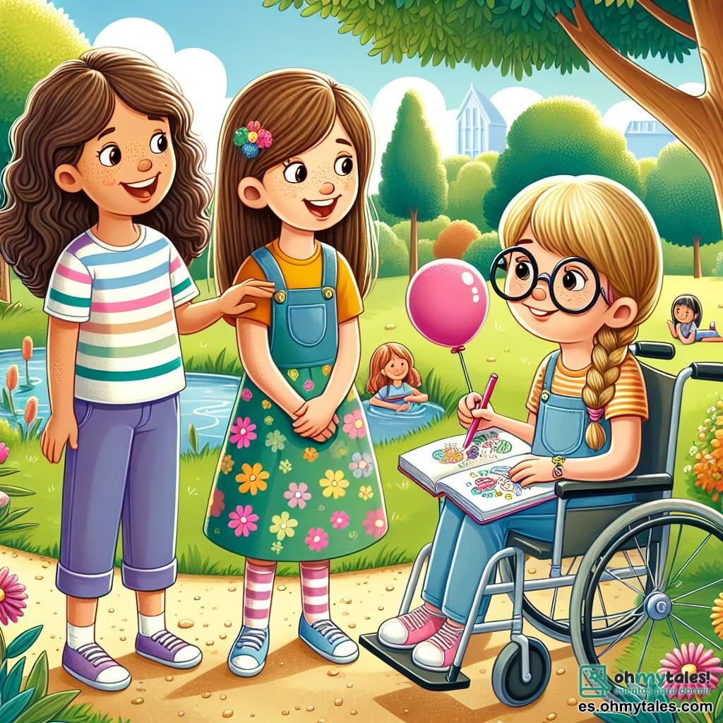 Tres chicas de 10 años están en un parque soleado. Valentina, con cabello rizado y un vestido colorido, sonríe mientras sostiene un globo rosa. A su izquierda, Sofía, con cabello liso y una trenza, lleva una camiseta a rayas y observa atentamente a Valentina, con expresión preocupada. A la derecha, Clara, sentada en su silla de ruedas, usa gafas y una camiseta con estampado floral, sonríe y sostiene un cuaderno de bocetos, lista para dibujar. El parque está lleno de vegetación, con árboles majestuosos y flores coloridas que bailan con el viento. Un camino de grava serpentea por el parque y a lo lejos se ve un pequeño estanque donde nadan patos pacíficamente. Las tres amigas hablan sobre la separación de los padres de Valentina, compartiendo ideas para hacer más fácil este momento difícil. Ríen e intercambian palabras de aliento, mostrando la fuerza de su amistad ante los desafíos de la vida.