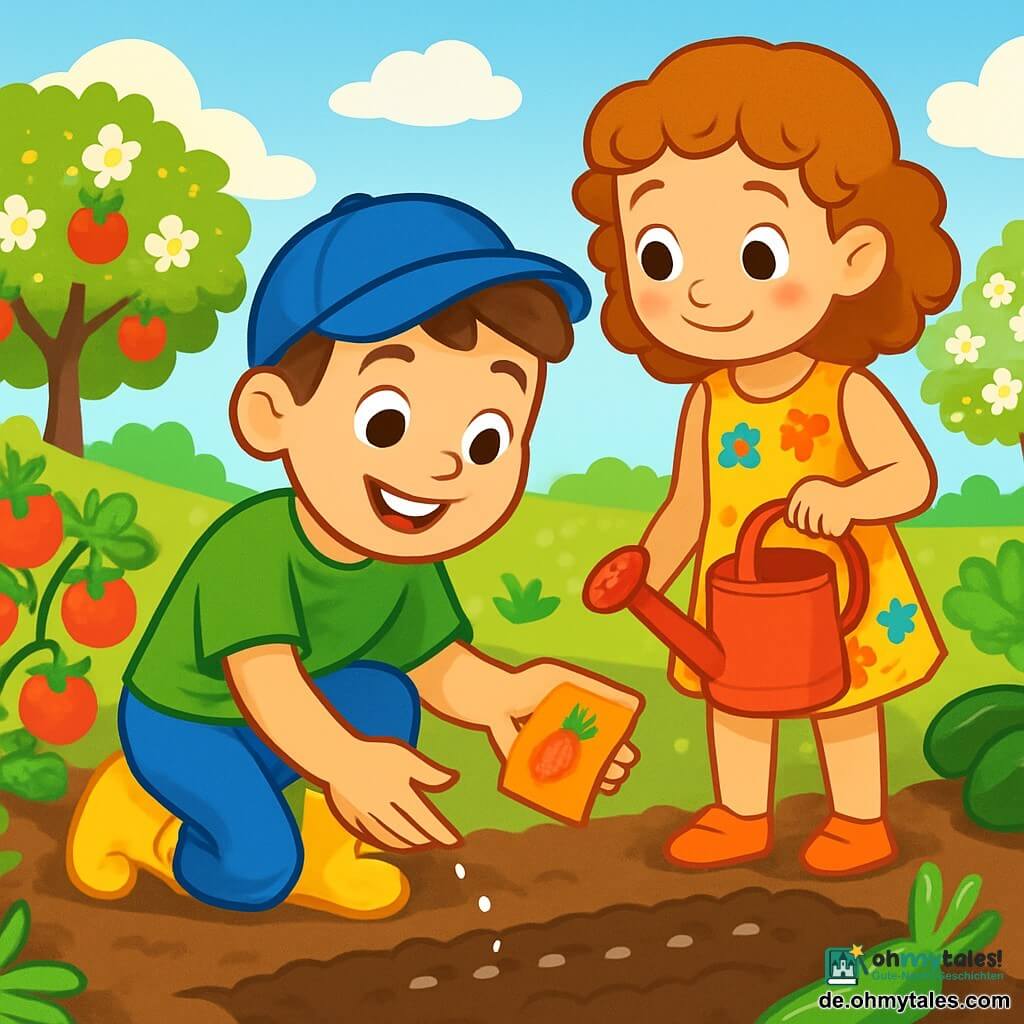 Ein junger Mann, Emil, lächelnd und fröhlich, trägt eine blaue Kappe, ein grünes T-Shirt und gelbe Gummistiefel. Er hockt in einem sonnigen Garten und sät Karottensamen in die braune, fruchtbare Erde, seine Augen glänzen vor Aufregung. Neben ihm beobachtet seine etwa 8-jährige Schwester mit lockigem Haar und einem Blumenkleid aufmerksam, während sie eine kleine rote Gießkanne hält, bereit, die Samen zu gießen. Der Garten ist von bunten Gemüsebeeten umgeben, mit roten Tomaten und grünen Zucchini, im Hintergrund sind blühende Obstbäume zu sehen. Die Hauptszene zeigt Emil und seine Schwester in Aktion, wie sie Samen säen und den Garten für eine reiche Ernte vorbereiten, unter einem blauen Himmel mit fluffigen weißen Wolken.
