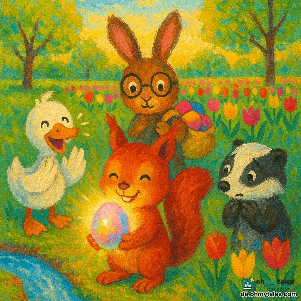 Fips, ein kleiner roter Eichhörnchen, staunend und lächelnd, hält behutsam ein in Rosa, Gelb und Blau schillerndes Ei auf seinen Pfoten, umgeben von einem leichten Lichtschein; links am Teichrand applaudiert die fröhliche weiße Entendame Lotte mit orangefarbenem Schnabel, hinter Fips steht der neugierige, erfreute braune Hase Bruno mit runden Brillengläsern und einer Tasche voller bunter Eier, rechts blickt der schüchterne Dachs Pinsel mit Farbflecken an den Pfoten gerührt auf die wiederfarbenden Tulpen; die Szene spielt in einer frühlingshaften Lichtung mit grünem Gras, Reihen bunter Tulpen, klarem Bach und zarten Bäumen unter goldenem Spätnachmittagshimmel, das leuchtende Ei verbreitet eine warme Stimmung, sichtbare Pinselstriche und Acryltextur.