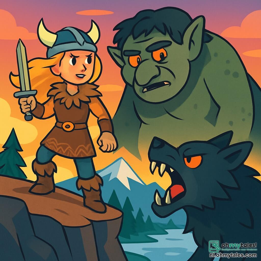 Een jonge Vikingvrouw, Ingrid, staat trots op de rand van een klif, met haar blonde haar dat in de wind waait als zonnestralen. Ze draagt een bruine bonttuniek met Noordse motieven, en haar gezicht straalt vastberadenheid uit, met haar ijsblauwe ogen die schitteren van moed. Naast haar staat een grote troll, met een ruwe huid en gloeiende ogen als kolen, die nieuwsgierig naar het landschap kijkt, zijn imposante gestalte in contrast met Ingrid's kwetsbaarheid. De achtergrond toont een majestueus Noordse landschap, met besneeuwde bergen in de verte onder een schemerige lucht gekleurd in roze en oranje. Donkergroene dennen omringen de klif, en een bevroren meer glinstert beneden, reflecterend de kleuren van de lucht. De hoofdsituatie toont Ingrid die klaar is om de reus Fenrir, een kolossale wolf met vlammenogen, die beneden staat en brult met een angstaanjagende kracht, te confronteren. De sfeer is gespannen, vol energie, terwijl Ingrid zich voorbereidt om haar dorp te verdedigen tegen deze bedreiging, haar zwaard dapper omhoog geheven.