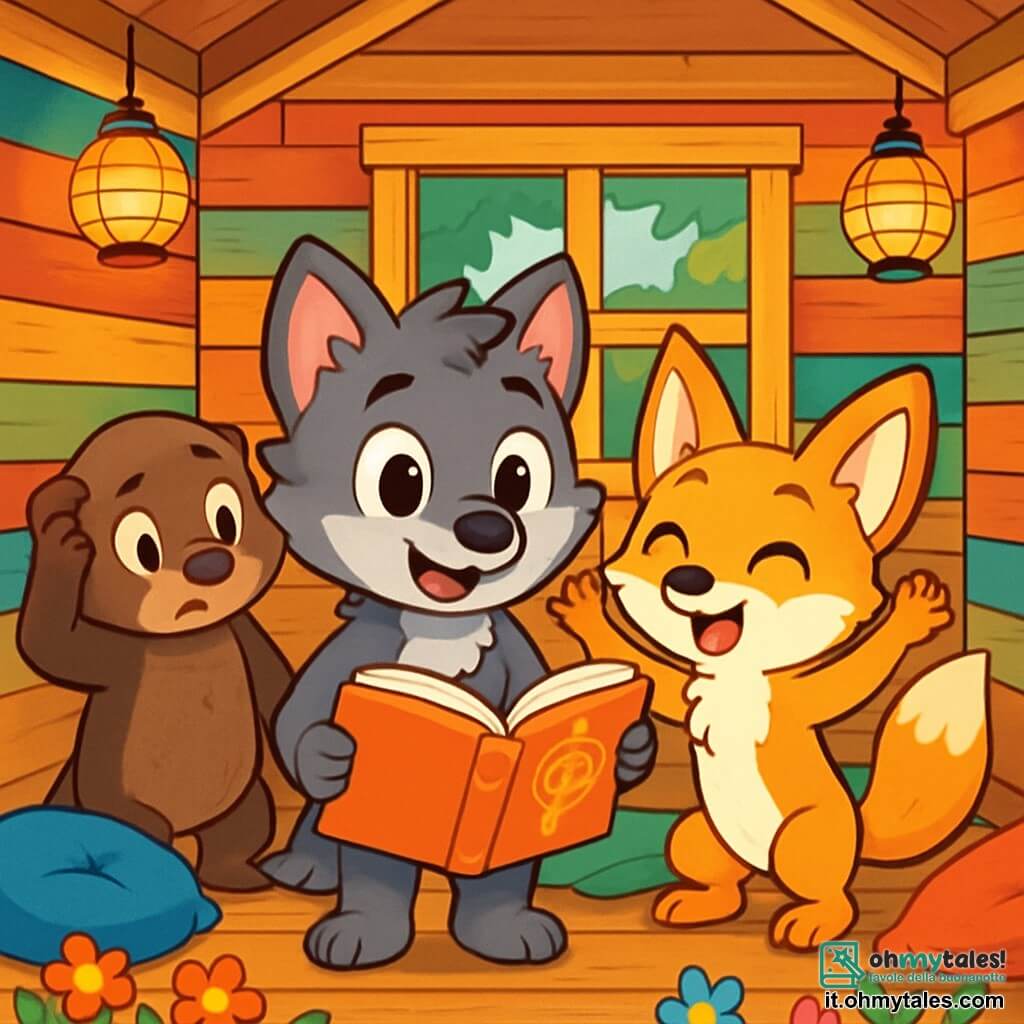 In una capanna di legno con pareti dipinte di colori vivaci, Leo, un piccolo lupo dagli occhi brillanti e dal sorriso caloroso, si trova al centro, con un'espressione sia eccitata che un po' nervosa, tenendo un grande libro aperto davanti a sé. Accanto a lui, Nina, una volpe dal pelo dorato e dalle grandi orecchie curiose, sorride entusiasta, con le zampe alzate come per incoraggiare Leo. Marco, un tasso con il pelo marrone e gli occhi rotondi, si trova leggermente in disparte, con un'espressione perplessa ma divertita, grattandosi la testa con una zampa. La capanna è circondata da fiori colorati, lanterne scintillanti e cuscini morbidi sparsi sul pavimento, creando un'atmosfera calda e accogliente. Leo, pronto a condividere le sue idee, guarda i suoi amici con determinazione, mentre l'eccitazione e l'amicizia fluttuano nell'aria.
