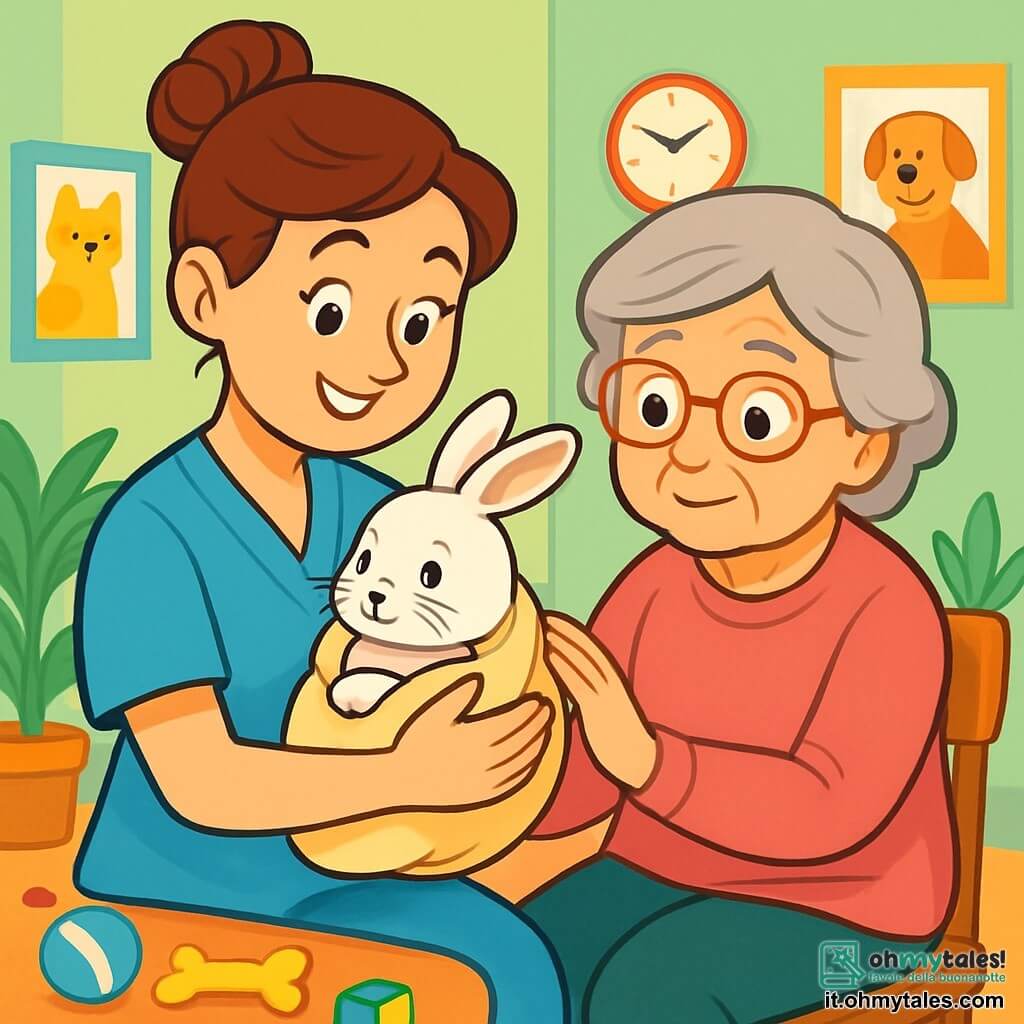 Una veterinaria sorridente, Emma, una donna sulla trentina con capelli castani raccolti in uno chignon, indossa un camice azzurro chiaro. I suoi occhi brillano di empatia mentre tiene delicatamente un piccolo coniglio bianco di nome Fiocco, avvolto in un morbido tessuto. Accanto a lei, la signora Rosa, una donna di circa 60 anni con occhiali rotondi e capelli grigi, osserva con preoccupazione. Indossa un maglione rosa e accarezza dolcemente la schiena di Fiocco, seduta su una sedia di legno vicino a Emma. La scena si svolge in una sala d'attesa luminosa di uno studio veterinario, con pareti dipinte di verde pastello, manifesti di animali colorati e giocattoli sparsi sul pavimento. Piante verdi aggiungono freschezza all'atmosfera. Emma esamina attentamente Fiocco, che sembra un po' nervoso, mentre la signora Rosa aspetta con speranza. L'ambiente è dolce e caloroso, pieno dell'amore e delle cure che gli animali meritano.