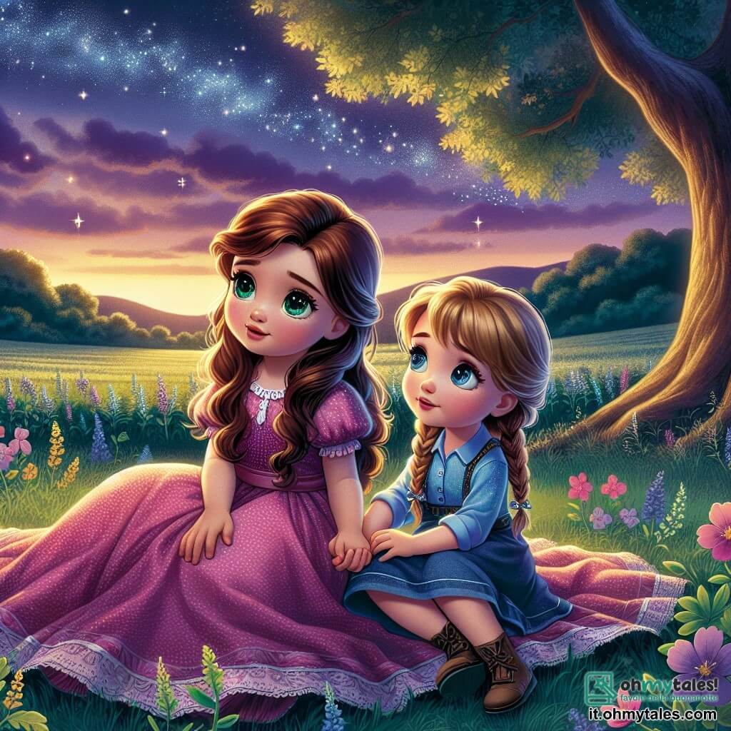 Due personaggi principali: Anna, una bambina di quattro anni con lunghi capelli castani e occhi scintillanti, indossa un vestito rosa a pois bianchi ed è seduta sull'erba con un sorriso meravigliato. Accanto a lei c'è Sofia, un'altra bambina di quattro anni con capelli biondi intrecciati e occhi blu, vestita con una blusa blu e un pantaloncino di jeans, che le tiene la mano con tenerezza. Il luogo è un vasto campo verde, illuminato dalla luce dolce del crepuscolo, con il cielo che si tinge di sfumature viola e dorate. Stelle scintillanti iniziano a comparire, illuminando il cielo notturno, mentre un grande quercia si erge maestosa sullo sfondo, con i suoi rami che si estendono come braccia accoglienti. La scena principale mostra Anna e Sofia sedute insieme sull'erba, che guardano il cielo stellato con meraviglia. Anna, che aveva paura del buio, scopre la bellezza delle stelle e ascolta il canto rassicurante di un gufo, mentre Sofia le spiega che il buio può essere un amico.