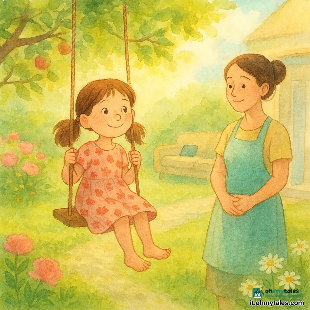 Bambina di 6 anni con capelli castani raccolti in codini, viso rotondo con leggere lentiggini, occhi aperti e sorriso dolce; è seduta su un’altalena di legno a piedi nudi, veste un vestito a fiori rosso chiaro, postura libera e gioiosa. La madre (circa 30–35 anni) con un grembiule pastello e i capelli in chignon la osserva da un vialetto ghiaioso, sorridente e benevola, con le mani incrociate o che tengono uno stampo da dolce. In secondo piano, dalla porta finestra socchiusa si intravede un divano con un tablet spento sopra. Giardino luminoso con erba rasata, aiuole fiorite (peonie rosa, margherite bianche), un melo le cui fronde lasciano filtrare raggi dorati in un cielo azzurro pallido; atmosfera di calma e ristoro dopo la pausa dallo schermo, palette acquerello tenue con tocchi di giallo e verde.