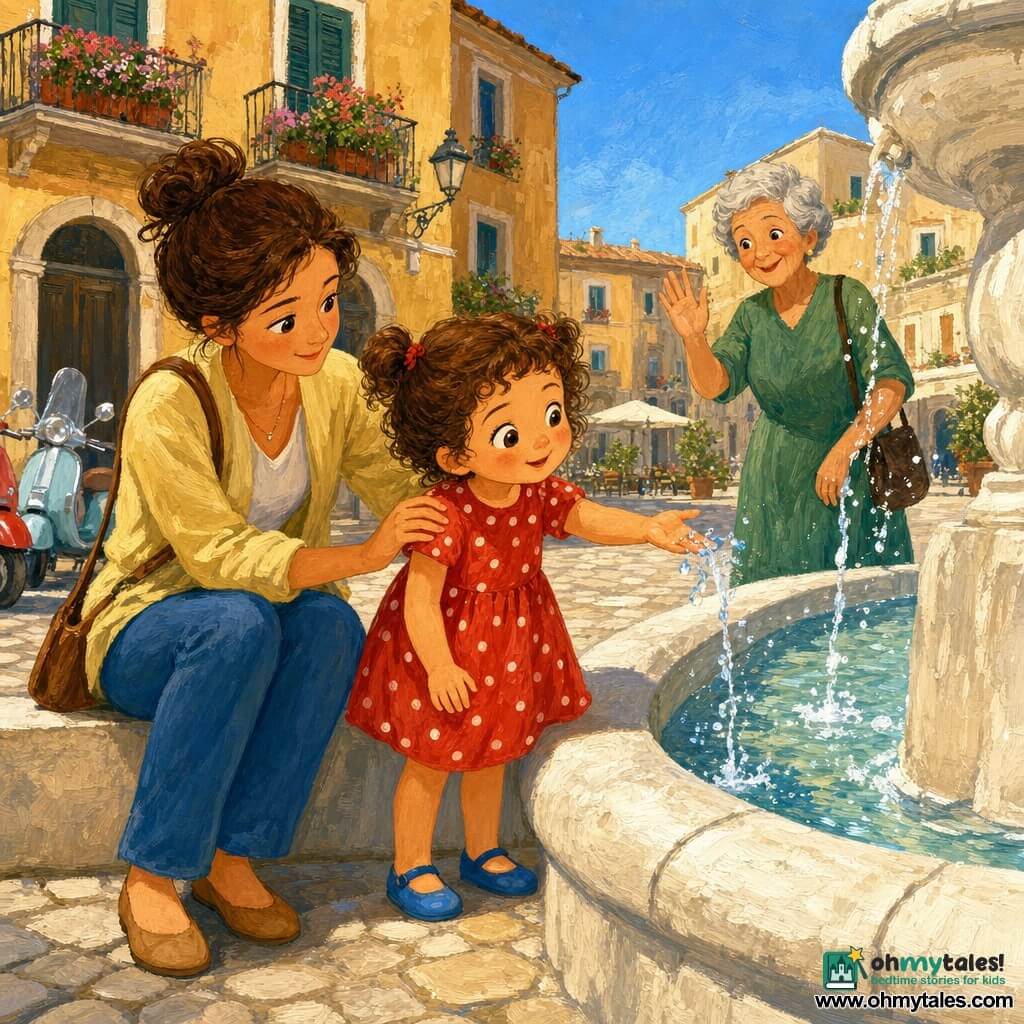 A 4-year-old girl with curly brown hair in two small pigtails, large hazel eyes, wearing a red dress with white polka dots and small blue shoes, reaches toward the sparkling fountain with a curious, shy smile; her mother, about 30, chestnut hair in a bun, wearing a light yellow jacket, sits on the fountain's left edge holding the girl's right shoulder with a gentle, reassuring face; a kind woman about 60 in a green dress with short gray hair stands behind the fountain smiling and waving a polite “no.” Setting: a paved Italian square with beige and ivory slabs, a carved white stone fountain spraying glistening droplets, ochre buildings with flowered balconies, parked scooters and a pale blue sky. Scene: the girl wants to touch the water but the woman gestures refusal while the mother reassures her as they watch the splashes together; warm sunny atmosphere, bright colors and visible acrylic-paint textures.