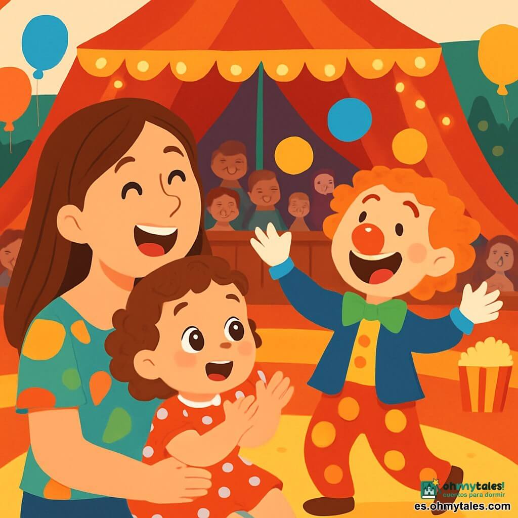 Una niña de 2 años, con grandes ojos brillantes y cabello rizado, lleva un vestido rojo con lunares blancos. Sonríe con asombro, sus mejillas rosadas iluminadas por la magia del circo. Está sentada en las rodillas de su mamá, con las manos levantadas aplaudiendo alegremente. Junto a ella, su mamá, una mujer de unos treinta años, tiene el cabello largo y liso, y lleva una blusa colorida. Mira a su hija con ternura, riendo a carcajadas. Un payaso divertido, con nariz roja y cabello alborotado, hace muecas mientras malabares con pelotas multicolores, en el centro de la pista. El circo es una gran carpa roja y blanca, adornada con luces brillantes. Globos flotan en el aire, y el olor a palomitas llena la atmósfera. Los espectadores están sentados en bancos de madera, con sus rostros iluminados por la alegría. La escena principal muestra a la niña aplaudiendo con entusiasmo, maravillada por el payaso que hace malabares. Las pelotas vuelan en el aire, creando un ambiente festivo y mágico, mientras la suave música del circo resuena a su alrededor.