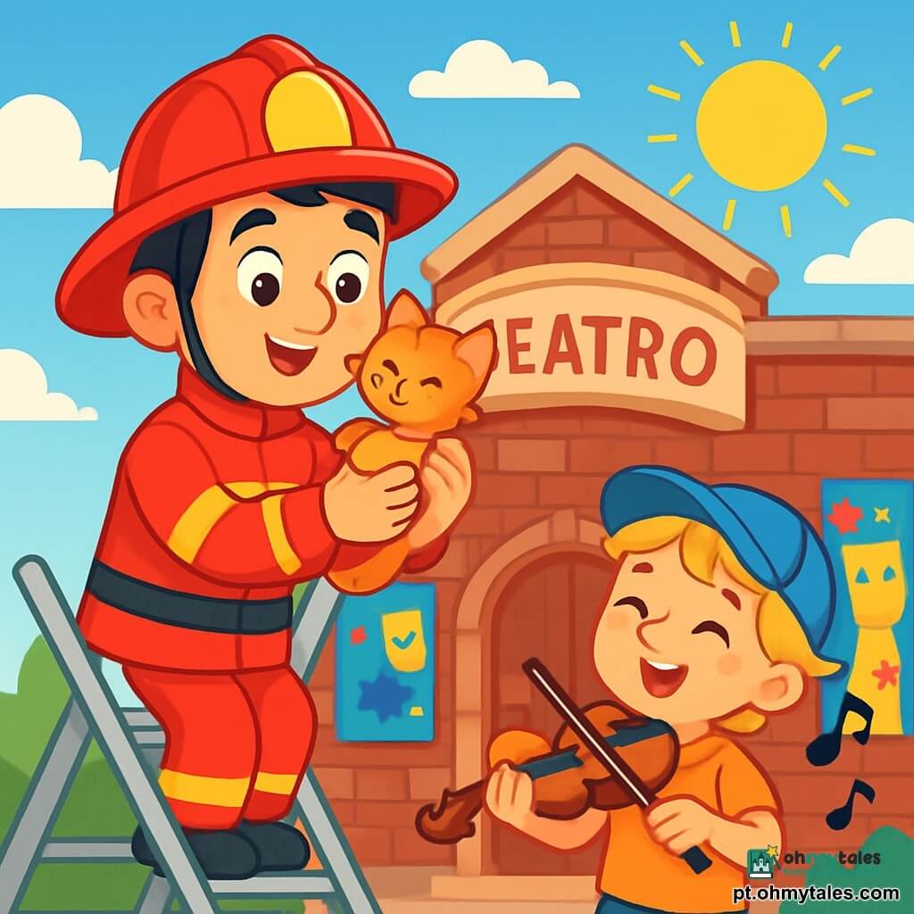 Um jovem bombeiro, Miguel, sorridente e corajoso, usa um fardamento vermelho vivo e um capacete brilhante. Seus olhos brilham de excitação enquanto segura um pequeno gatinho nos braços, olhando-o com ternura. Ao lado dele, um garoto de 8 anos, com um chapéu azul e um violino, toca uma melodia alegre, com os cabelos loiros ao vento. A cena acontece em frente a um velho teatro, com paredes de tijolos vermelhos e cartazes coloridos na fachada. O céu é azul, com nuvens brancas, e o sol brilha, iluminando a cena. Miguel, em uma grande escada de bombeiro, acaba de salvar o gatinho preso no telhado, enquanto o pequeno músico toca uma música animada para celebrar o ato heroico.