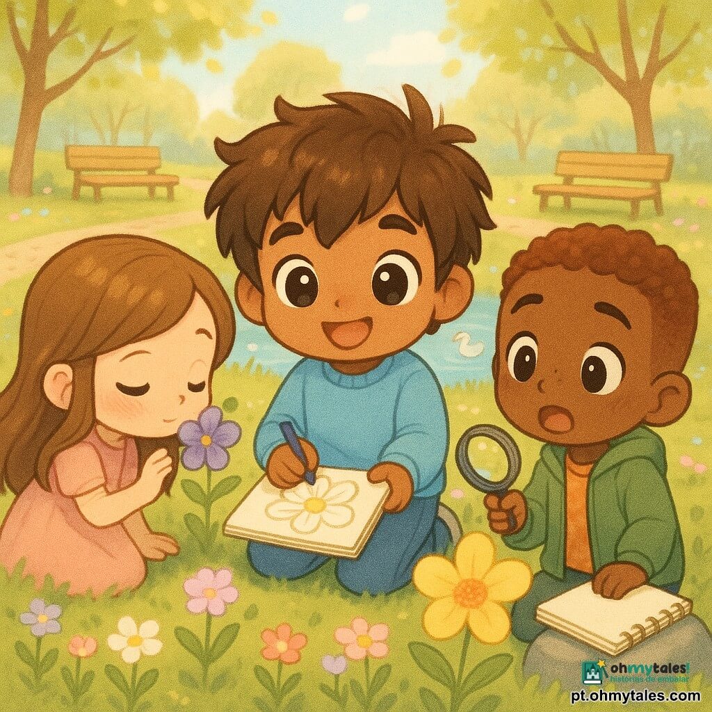 Três crianças de cerca de 12 anos — Tomás, agachado a desenhar uma grande flor branca num caderno; Inês, à esquerda, cheira uma flor violeta; Rafa, à direita, com lupa sobre o pólen e o caderno sobre uma pedra — num parque primaveril com caminhos floridos, relvado, lago com um pato, bancos e árvores; atmosfera luminosa e calorosa, cores pastéis e texturas de pólen e pétalas.