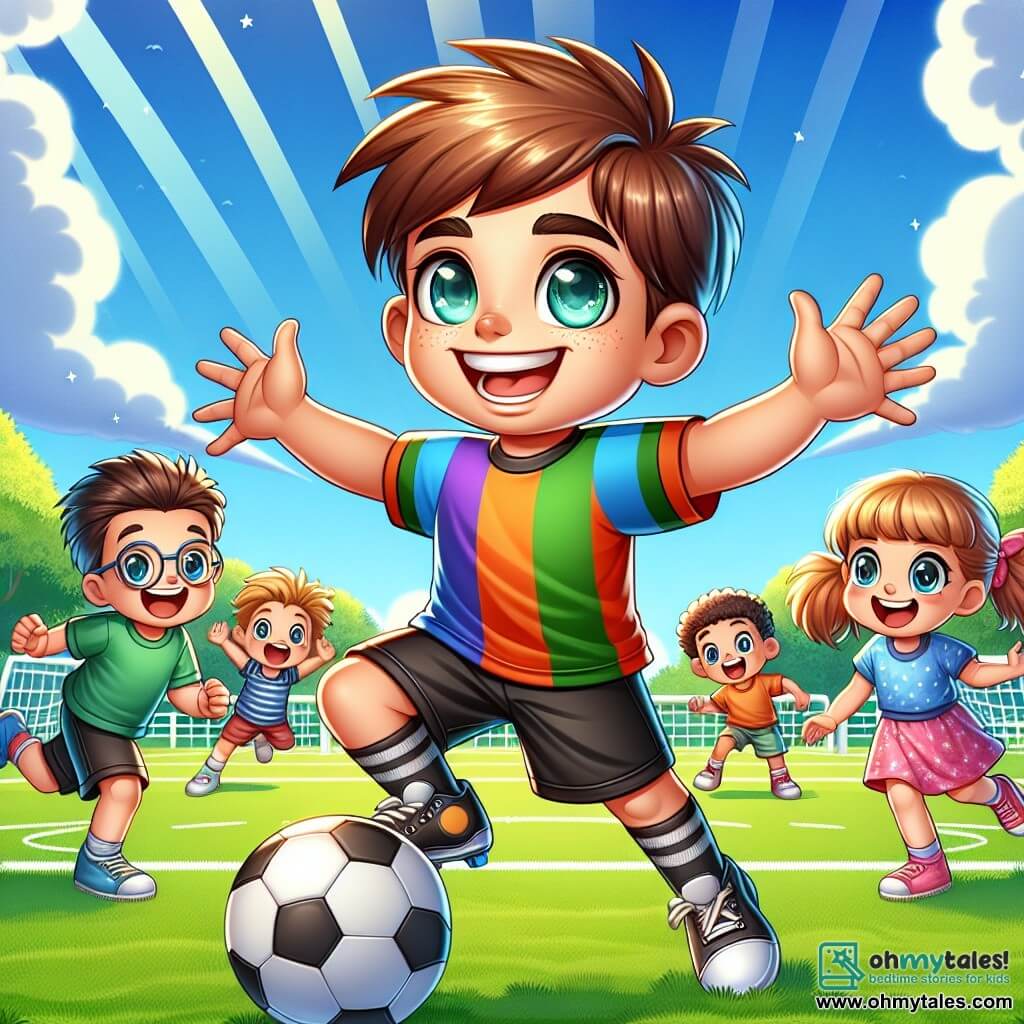 A man, Oliver Blake, is at the center of the image, smiling with bright eyes full of joy and enthusiasm. He wears a brightly colored football jersey of his team, black shorts, and sports shoes. His brown hair is slightly messy, and he is dribbling a football on a grassy field, surrounded by admiring children. To his right, a little girl about 8 years old, with pigtails and a beaming face, raises her arms in the air, shouting with joy. She wears a team-colored t-shirt and shorts. To his left, a 10-year-old boy with short hair and glasses holds a football tightly against his chest, his eyes wide with admiration, ready to join the game. The setting is a sunny park with a clear blue sky and a few fluffy white clouds. Lush trees line the field, and children play in the background, creating a joyful and dynamic atmosphere. The main scene shows Oliver teaching the children how to dribble the ball, with enthusiastic gestures and bright smiles, capturing the spirit of camaraderie and passion for football.