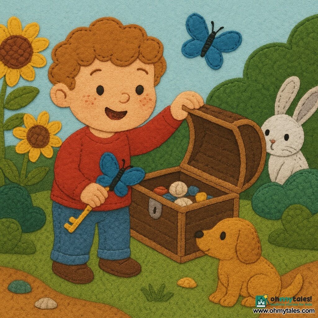 A joyful, wide-eyed 4-year-old boy with light brown curly hair, round cheeks and freckles holds a shiny key and gently opens a wooden chest; a small golden dog named Daisy sits beside him, curious, while a shy white rabbit with gray spots peeks from behind a blue bush holding a colored pencil; a vivid blue butterfly hovers above the chest, briefly landing on the boy’s hand. The setting is a secret, colorful garden with very soft green grass, large yellow sunflowers, rounded mossy bushes, ochre dirt paths and shells on the chest, bathed in soft warm light through leaves for a safe, magical atmosphere. Visual style: simple fabric-cutout shapes with visible stitches, felt and cotton textures, bright contrasting colors suitable for toddlers.