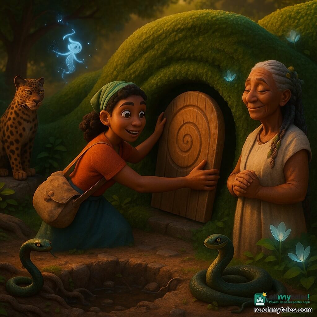 Imagine pentru ilustrarea unei povești pentru copii (stil 3D film de animație) pentru vârsta de 10 ani: Nandi, femeie de ~25 de ani, cu privire hotărâtă, poartă un sac de pânză prăfuit și așază o ușă mare de acacia într-un gol rotund dintr-un gard viu sculptat în valuri; La Păzitoarea, femeie de ~60 de ani, piele bronzată și părul împletit cu frunzulițe, stă în dreapta cu mâinile împreunate, liniștită și aprobatoare lângă intrarea în Grădină; un leopard închis la culoare, cu ochi chihlimbariu, stă pe o piatră în fundal, iar Unyoka, un șarpe verde-închis cu o semilună albă pe frunte, se înfășoară pe o rădăcină lângă marginea unei gropi puțin adânci; Moya-Mic, spirit de ceață, apare ca un nor strălucitor jucăuș deasupra unui pod improvizat; locul e marginile unei Grădini magice cu flori luminescente, pământ umed, pietre și liane, lumină crepusculară aurie; acțiunea principală arată momentul reparării, Nandi potrivește ușa cu semnul unei spirale, transmițând ușurare, respect și o atmosferă blândă, eroică, cu tonuri calde și verzi adânci și contraste de lumină.