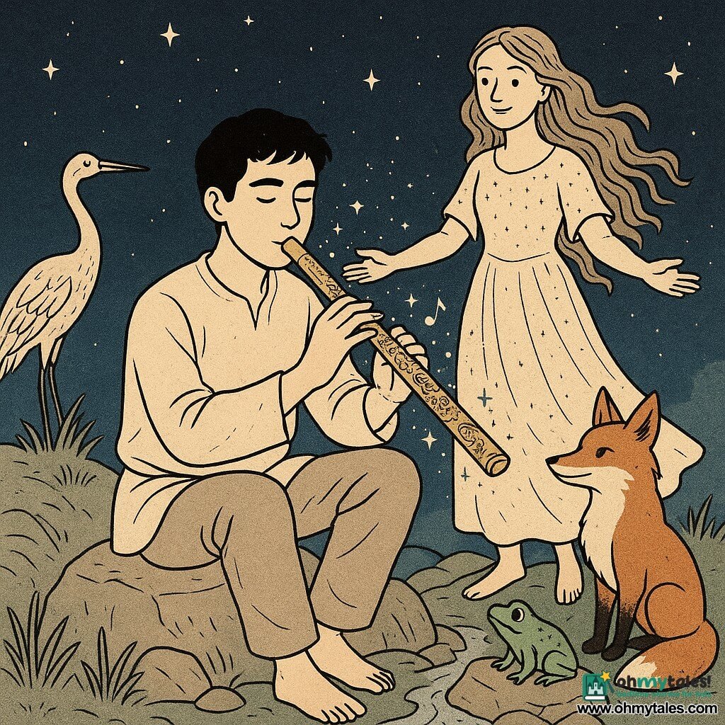 An adult man (Joon) with a gentle face, focused eyes and slightly hopeful brows, short black hair and simple light linen clothing sits on a mountaintop rock playing a long bamboo flute engraved with dragons; behind him slightly raised stands a young-looking woman in a shimmering star-speckled gown with long wavy hair, palms open to the sky inviting the music and smiling kindly at Joon. A small jade-green toad with bright eyes perches on a stone near the flute with a raised paw; a silver crane with outstretched wings stands left on a tuft of grass and a red fox with a white-tipped tail sits right watching the flute. The scene is a starry mountain summit at night with soft mist, textured rocks, reeds and a shimmering stream in the foreground; Joon plays a luminous missing note that becomes tiny glowing notes around the flute, wind stirs the grasses and feathers and the air seems to vibrate with motion lines and shooting stars. Style: fine ink line art, crisp strokes and textured details, centered composition, soft chiaroscuro, magical calm atmosphere.