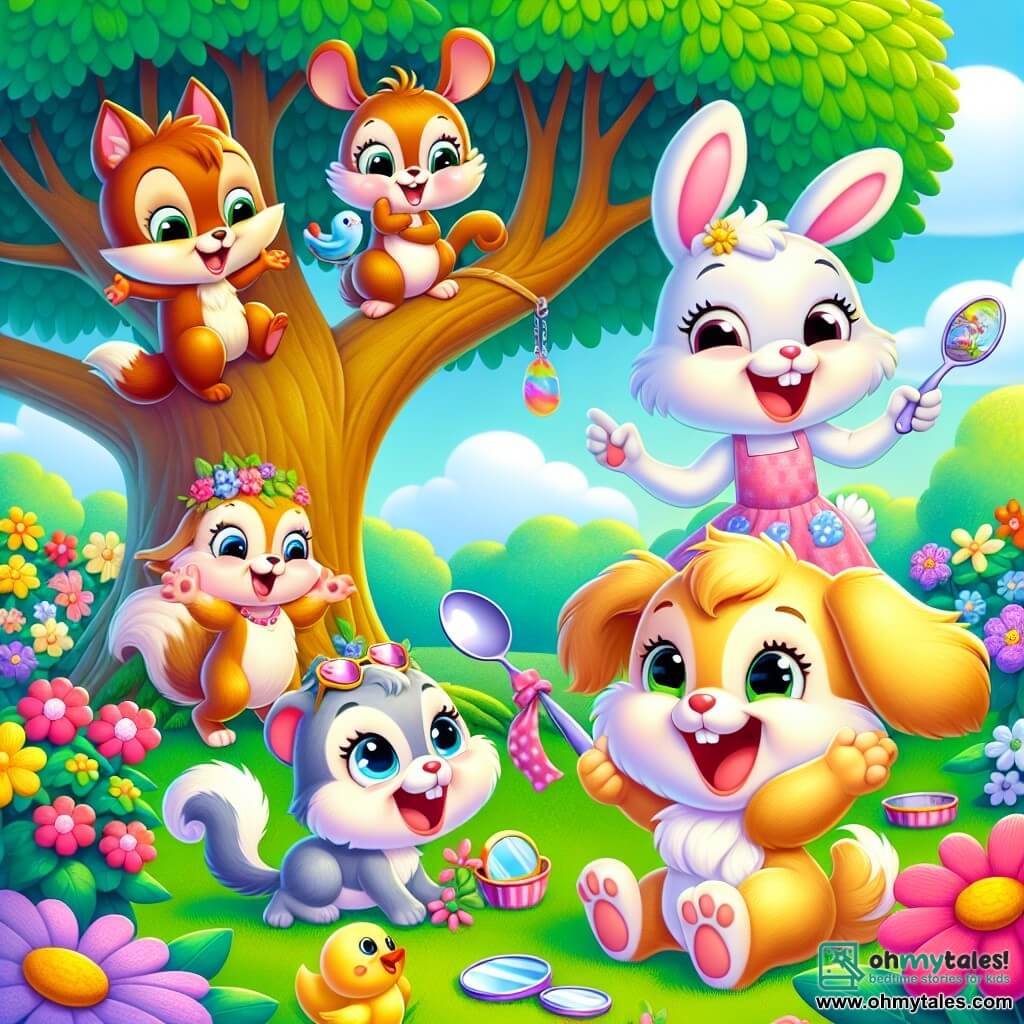 A happy rabbit named Benny, with large floppy ears and a bright smile, is jumping for joy under a big oak tree, holding a shiny spoon in his small paws. Next to him, Clara, a mischievous squirrel with a bushy tail and sparkling eyes, smiles while holding a piece of mirror, perched on a branch. Max, a playful puppy with golden fur and a cheerful expression, is standing at the bottom of the tree wearing a rubber duck on his head and laughing out loud. Lily, a curious little cat with soft fur and bright eyes, is sitting on the grass, holding a pink sock and laughing with her friends. The setting is a colorful garden filled with vibrant flowers and green trees under a sunny blue sky. The friends have gathered for a joke contest, each proudly showing off their treasures while laughing together, creating a joyful and friendly atmosphere.