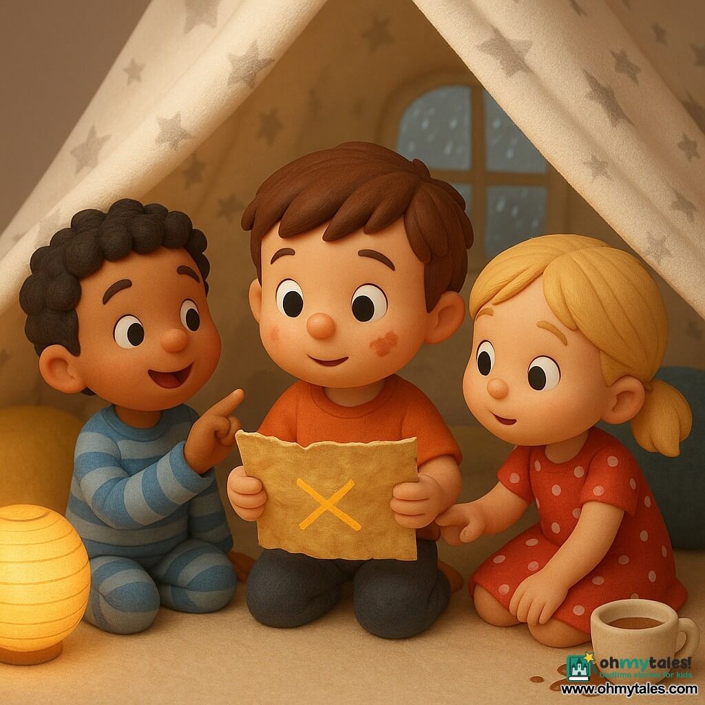 Three children, about four years old: a short-haired brown-haired boy with a cocoa smudge on his cheek sits center holding a crinkled shiny map and looking left; a blonde girl in pigtails and a red polka-dot dress sits to his right, leaning in and touching the map; a curly black-haired boy in blue striped pajamas sits left, smiling and pointing at the fort’s ceiling. They are inside a blanket fort made from a white star-patterned cover with blue and yellow cushions and a warm paper lamp on the floor casting a soft light; a half-spilled mug of cocoa and a fogged window with drawn raindrops are visible. The children discover a gleaming treasure map—small hands clutching a map marked with a gold-ink X—creating an intimate, warm, wonder-filled atmosphere with visible fabric textures.