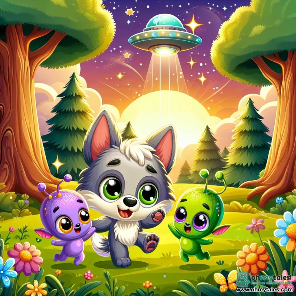 An illustration depicts a small wolf, a curious boy with soft, fluffy fur, his eyes shining with excitement as he gazes at a sparkling spaceship in the sky. Beside him are two small, brightly colored aliens: one has purple skin with a yellow spot on its head, and the other is green with large ears. They wear joyful smiles and are jumping with happiness, their eyes sparkling with delight. The main setting is a lush clearing bathed in golden light from the setting sun, surrounded by majestic trees and colorful flowers dancing in the gentle breeze. The scene shows the little wolf and his alien friends discovering the shining spaceship together, ready for an incredible adventure among the stars. Other graphic elements include twinkling stars in the sky, fluffy clouds, and colorful butterflies fluttering around them, adding a touch of magic to this scene of friendship and exploration.