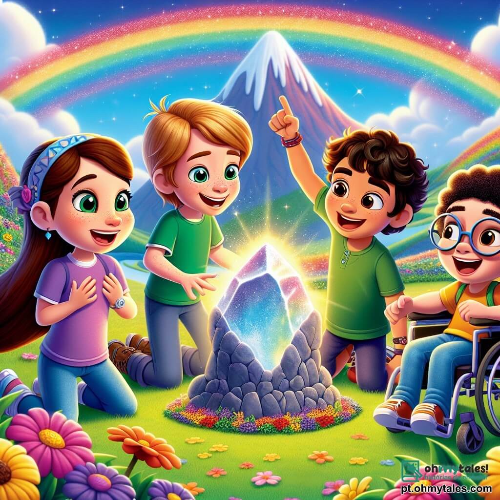 Em uma cena mágica, quatro amigos estão no topo da Montanha do Arco-Íris. À esquerda, Luna, uma menina de 10 anos com longos cabelos castanhos e olhos brilhantes, sorri entusiasticamente, com os braços levantados em sinal de vitória. Ao lado dela, Miguel, um garoto de 11 anos com cabelo curto e loiro, veste uma camisa verde e admira a Pedra da Coragem. Logo atrás deles, Sam, um menino de 10 anos com óculos e cabelos cacheados, aponta para a pedra brilhante, seu rosto iluminado pela admiração. Por fim, Ana, uma menina de 9 anos, sentada em sua cadeira de rodas, irradia alegria com um grande sorriso, cercada por flores coloridas. A Montanha do Arco-Íris é majestosa, suas encostas cobertas de flores vibrantes, e um arco-íris brilha acima deles, acrescentando à magia do momento. O céu é de um azul intenso, salpicado de nuvens brancas fofas. Os quatro amigos acabaram de descobrir a Pedra da Coragem, que brilha intensamente em um pedestal no topo da montanha, simbolizando sua bravura e amizade. Eles celebram sua vitória juntos, prontos para compartilhar sua incrível aventura com o mundo.