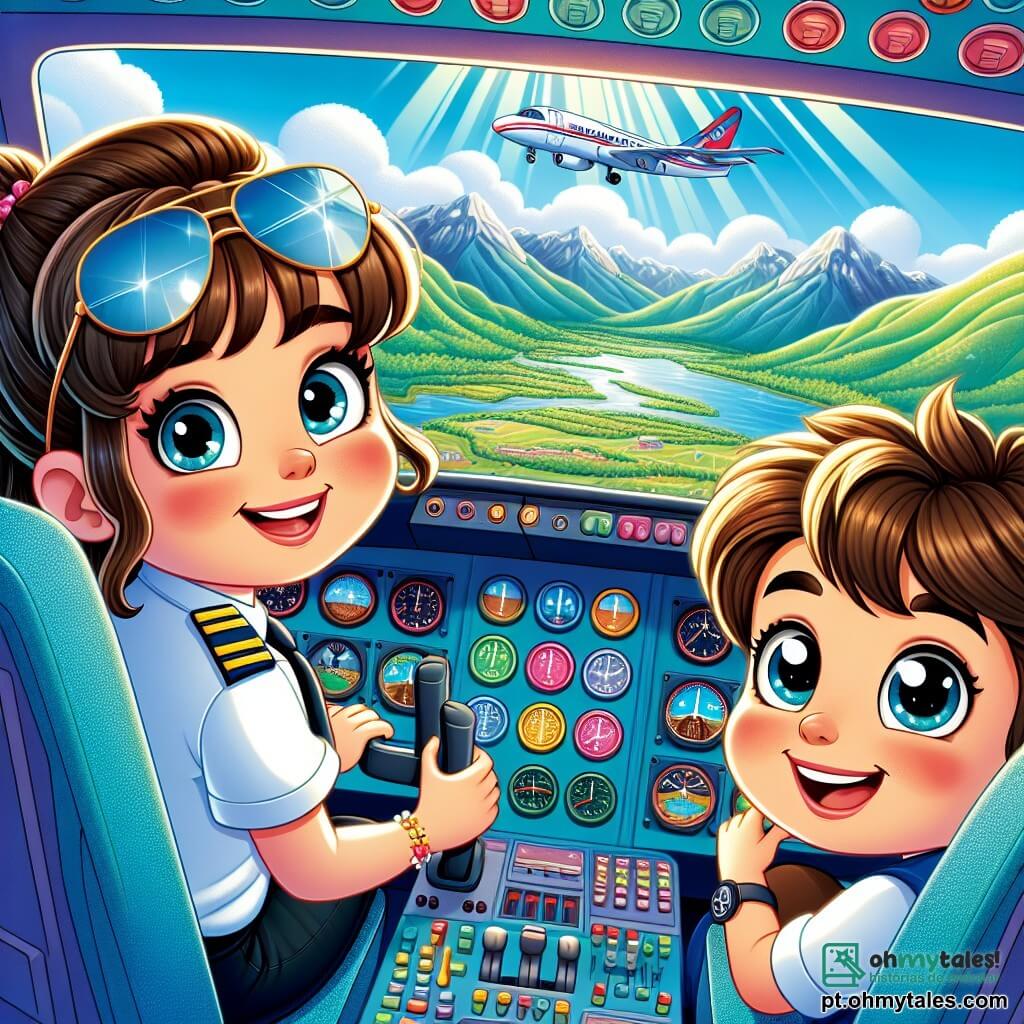 Uma piloto mulher, Ana, está no cockpit de um avião azul vibrante, com um grande sorriso no rosto, seus cabelos castanhos presos em um rabo de cavalo. Ela usa um macacão de piloto com insígnias coloridas e óculos de sol na testa, olhando com empolgação através do para-brisa. Ao seu lado, um garoto de 8 anos, Lucas, com cabelos castanhos e olhos brilhantes, está sentado no assento do copiloto, com as mãos nos joelhos, maravilhado com a vista pela janela. O cockpit está cheio de botões coloridos e instrumentos brilhantes, e pode-se ver o céu azul salpicado de nuvens brancas. Ao fundo, há uma paisagem de montanhas verdes e um rio brilhante ao sol. A cena principal mostra Ana e Lucas decolando, o avião subindo majestosamente no céu, com raios de sol iluminando sua aventura.
