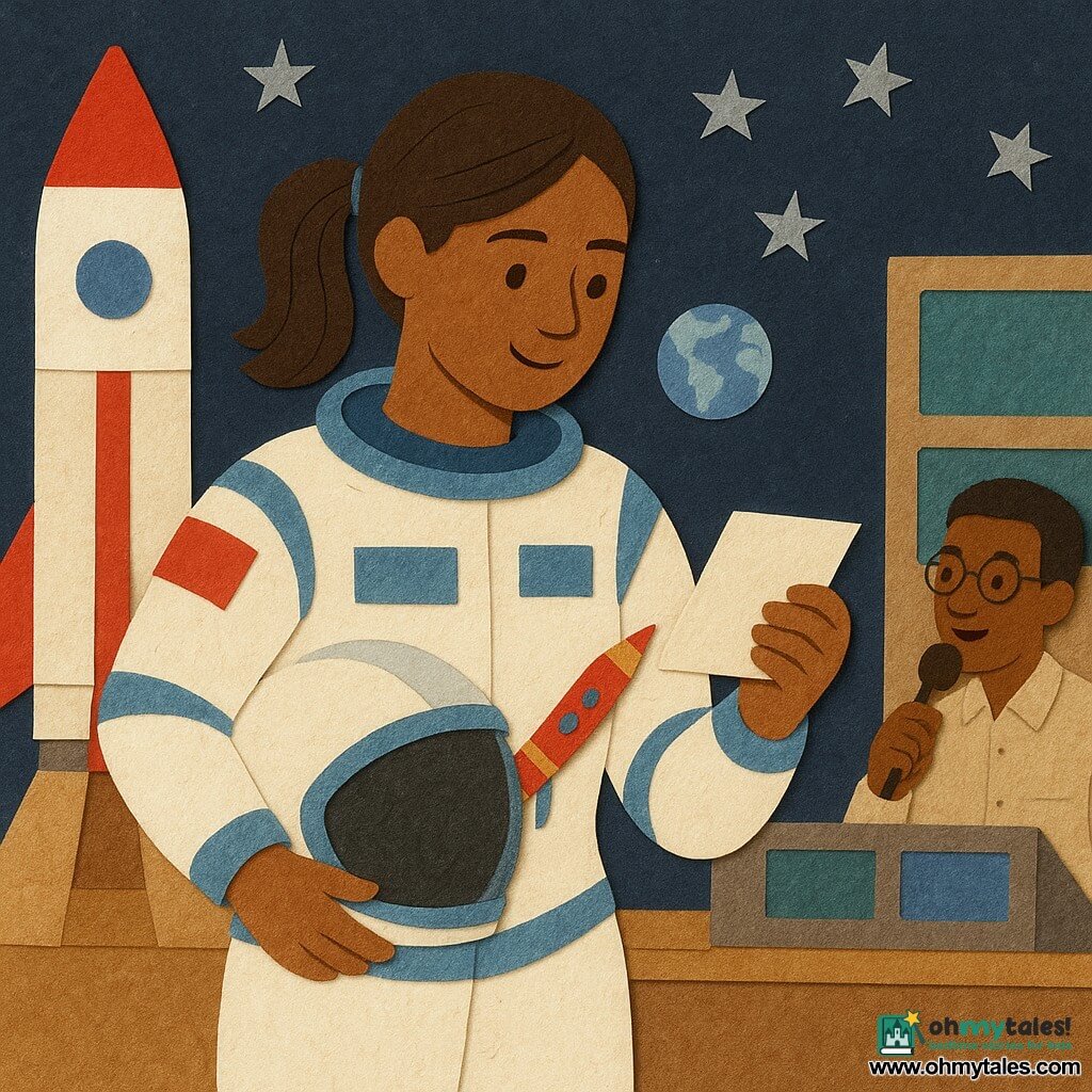 An adult female astronaut, smiling and focused, in a white and pale-blue suit with red details and helmet under her arm, reads a small checklist held by a rocket-shaped pencil attached to the paper; she has brown hair in a ponytail, bright eyes and a calm, confident expression, standing near a tall red-and-white rocket on a stylized paper launchpad with cardboard textures and a dark sky studded with silver paper stars; a man of about 40, a control-room technician in a light shirt, round glasses and seated before green and blue screens, speaks softly into a mic at right background; a small cutout of Earth, blue and white like a marble, is stuck on the wall behind her; the main scene shows her calmly and wonder-filled preparing to depart, a gentle gesture and warm light on her face, evoking preparation and friendship.
