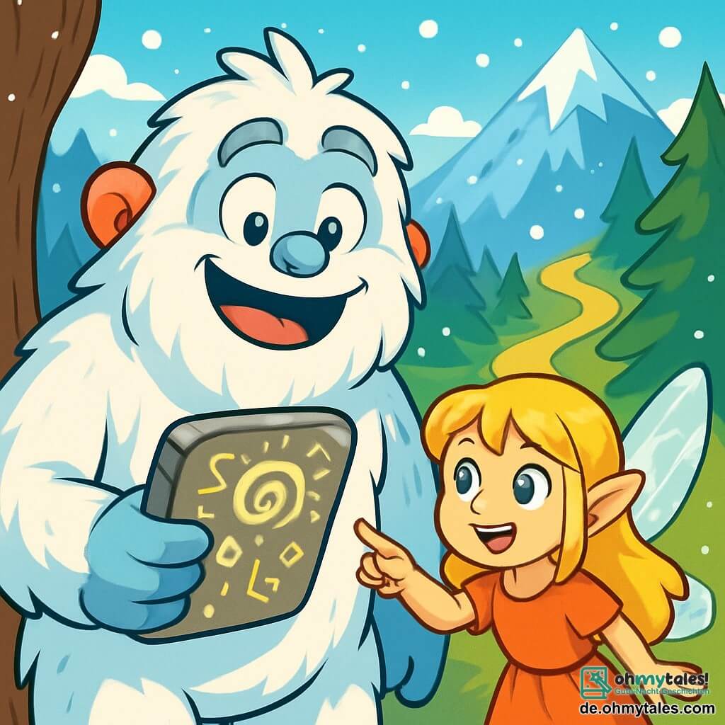 Ein freundlicher Yeti namens Timo steht im Zentrum des Bildes, mit weißem, flauschigem Fell, neugierigen, funkelnden Augen und einem breiten Lächeln, das seine Begeisterung zeigt. Er hält eine alte Steintafel, die mit leuchtenden Symbolen bedeckt ist, und schaut sie mit Staunen an. An seiner Seite beobachtet Elara, eine kleine Elfe mit goldenen Haaren und glitzernden Flügeln, etwa 10 Jahre alt, ihn mit leuchtenden Augen der Aufregung und zeigt mit dem Finger auf einen geheimnisvollen Weg, der sich vor ihnen öffnet. Im Hintergrund erstreckt sich eine bezaubernde Landschaft aus schneebedeckten Bergen und grünen Wäldern, mit majestätischen Bäumen und sanft fallenden Schneeflocken. Die Szene strahlt eine Atmosphäre von Abenteuer und Magie aus, während Timo und Elara sich darauf vorbereiten, den Weg zu erkunden, der zur Entdeckung eines alten Artefakts führt.