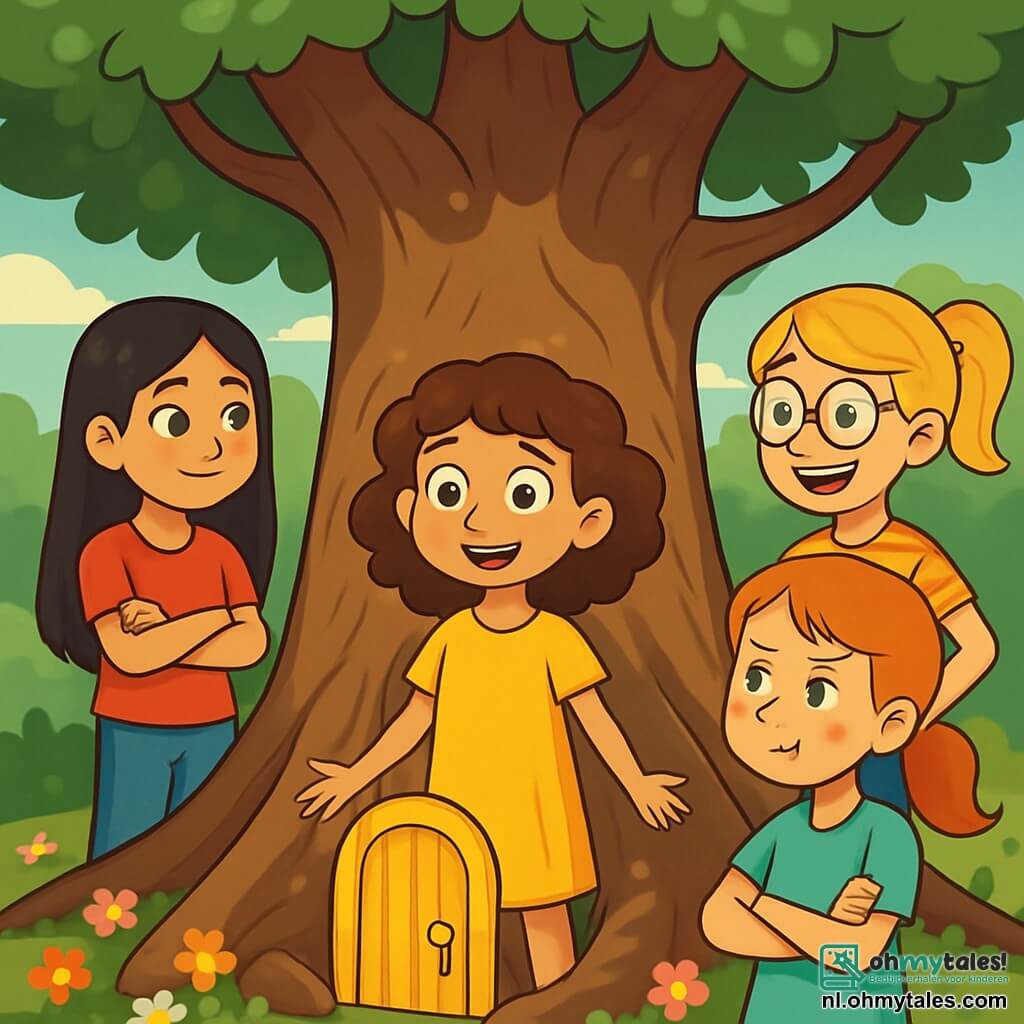 Er zijn 4 kinderen: - Anna: een 10-jarig meisje met krullend kastanjebruin haar en sprankelende ogen. Ze draagt een felgele jurk en staat in het midden, kijkend naar de gouden deur met verwondering. - Sara: een 11-jarig meisje met lang, steil zwart haar en een zachte glimlach. Ze staat iets naar links, met gekruiste armen, nadenkend over wat ze ziet. - Noor: een 10-jarig meisje met een vlecht van blond haar en ronde bril. Ze staat rechts, met haar handen op haar heupen en een opgewonden uitdrukking. - Lotte: een 11-jarig meisje met een paardenstaart van rood haar en sproeten op haar gezicht. Ze staat iets verder naar achteren, met gefronste wenkbrauwen, alsof ze de situatie analyseert. De scène speelt zich af onder een grote oude eik, waarvan de takken majestueus uitsteken en een zachte schaduw creëren. Het zonlicht filtert door de bladeren en verlicht een kleine gouden deur, verborgen tussen de knoestige wortels van de boom. Kleurrijke bloemen omringen de basis van de boom en voegen een vleugje magie toe aan de omgeving. De kinderen ontdekken de gouden deur, gefascineerd en nieuwsgierig, en wisselen blikken van verwondering uit, elk denkend aan de mysteries die achter deze magische deur verborgen kunnen zijn.