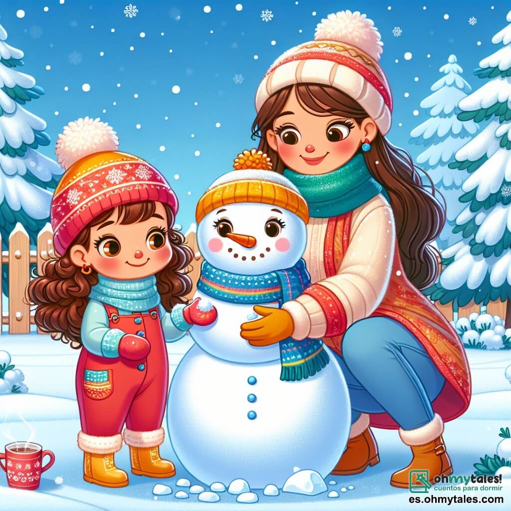 Una niña de 3 años, llamada Sofía, con grandes ojos brillantes y cabello rizado castaño, sonríe con asombro mientras forma un gran muñeco de nieve en el jardín. Lleva un overol rojo brillante, un gorro de lana amarillo y guantes azules, con las mejillas sonrosadas por el frío. A su lado, su mamá, una mujer de unos 30 años con cabello largo y liso, envuelta en una bufanda colorida, la observa con ternura mientras sostiene una taza de chocolate caliente. El jardín está cubierto de una gruesa capa de nieve brillante bajo un cielo azul claro, con copos de nieve cayendo suavemente. Sofía, llena de entusiasmo, da forma al muñeco de nieve, añadiendo una zanahoria para la nariz y piedras para los ojos, mientras su mamá le habla sobre las tradiciones invernales de otros países, creando un momento cálido y alegre.