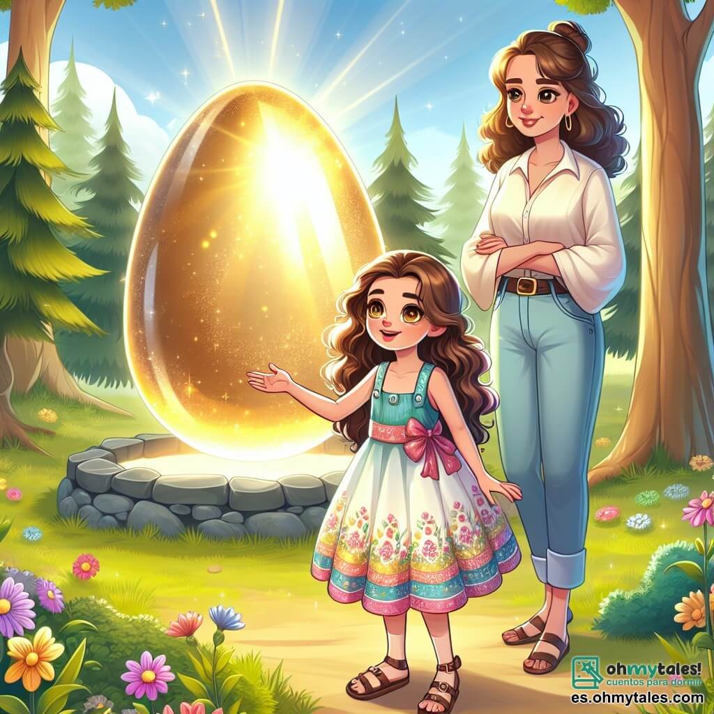 Una niña de 11 años, Clara, con cabello castaño ondulado y ojos llenos de curiosidad, se encuentra frente a un gran huevo dorado brillando al sol, con una sonrisa de asombro en su rostro. Lleva un vestido colorido con motivos florales y sandalias, sosteniendo un pequeño libro en una mano mientras la otra está extendida hacia el huevo. Junto a ella, su madre, una mujer de unos treinta años con el cabello castaño recogido en un moño y una sonrisa cálida, observa a su hija con orgullo, con los brazos cruzados. Ella lleva una blusa ligera y pantalones de mezclilla, un poco apartada pero radiante de felicidad. El lugar es un claro soleado, rodeado de grandes árboles de hojas verdes brillantes, con flores coloridas en el suelo. En el centro, un huevo dorado reposa sobre un pedestal de piedra, iluminado por los rayos del sol, creando una atmósfera mágica y alegre. La escena principal muestra a Clara descubriendo el huevo dorado, un momento de sorpresa y asombro, mientras se prepara para abrir el tesoro escondido en su interior, rodeada de la belleza de la naturaleza y del amor de su madre.