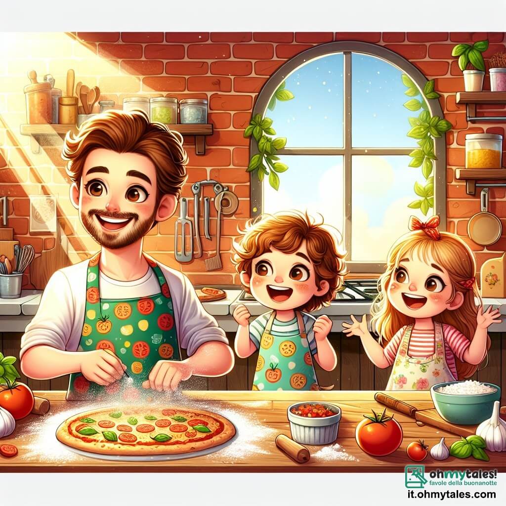 Marco, un uomo di trent'anni con capelli ricci castani e una barba ben curata, indossa un grembiule colorato e un grande sorriso mentre estrae una deliziosa pizza dorata dal forno. I suoi occhi brillano di gioia ed entusiasmo, riflettendo la sua passione per la cucina. Accanto a lui, Tommaso, un ragazzo di 8 anni con capelli biondi arruffati e macchie di farina sul viso, salta di gioia tenendo un pomodoro rosso brillante. Sofia, una ragazza di 7 anni con due trecce e un bel sorriso, aggiunge foglie di basilico sulla pizza, con gli occhi pieni di entusiasmo. La scena si svolge in una cucina calda e accogliente, con muri di mattoni rossi e scaffali pieni di ingredienti colorati. La luce del sole filtra attraverso una finestra, illuminando la stanza con una dolce luce dorata. Marco e i bambini stanno creando insieme una pizza speciale, condividendo risate e storie, illustrando la magia della collaborazione e della creatività in cucina.