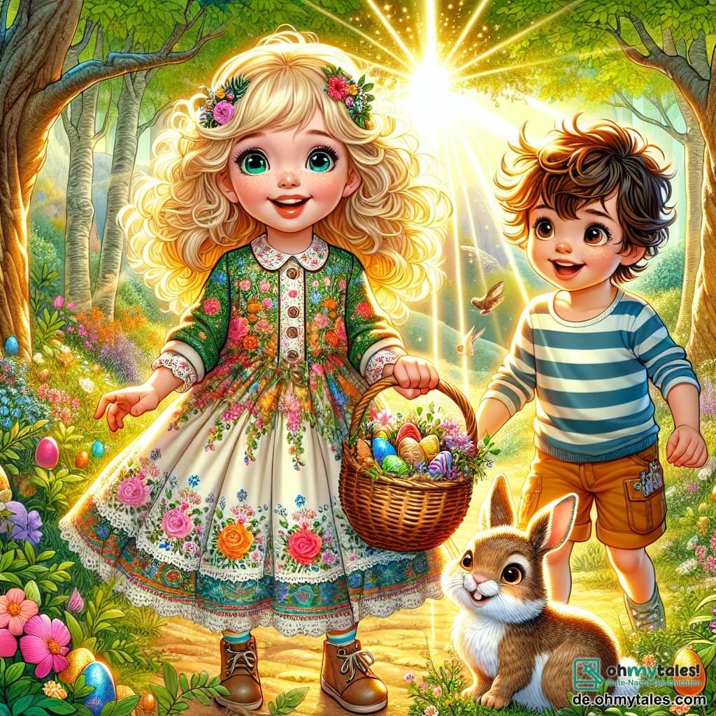 Ein kleines Mädchen von 6 Jahren namens Lena steht im Mittelpunkt der Szene, mit großen, neugierigen Augen und einem strahlenden Lächeln. Sie hat lockige, blonde Haare, trägt ein hübsches, buntes Kleid mit Blumenmustern und hält einen Korb aus Weide, gefüllt mit Blumen und kleinen Schokoladeneiern. An ihrer rechten Seite steht ihr 4-jähriger Bruder Tim, mit zerzausten braunen Haaren und einem schelmischen Gesichtsausdruck, der fasziniert einen kleinen Hasen mit großen Ohren betrachtet, der vor ihnen steht. Tim trägt ein gestreiftes T-Shirt und Shorts und scheint vor Freude zu hüpfen. Im Hintergrund erstreckt sich ein grüner Wald mit majestätischen Bäumen und bunten Wildblumen, die den Boden bedecken. Ein sanfter Sonnenstrahl bricht durch die Zweige und taucht die Szene in goldenes Licht. Die Hauptsituation zeigt Lena und Tim, die ein wunderschönes, funkelndes Osterei entdecken, das hinter einem großen Baum versteckt ist, während der kleine Hase sie mit einem schelmischen Blick beobachtet und eine magische, fröhliche Atmosphäre schafft.