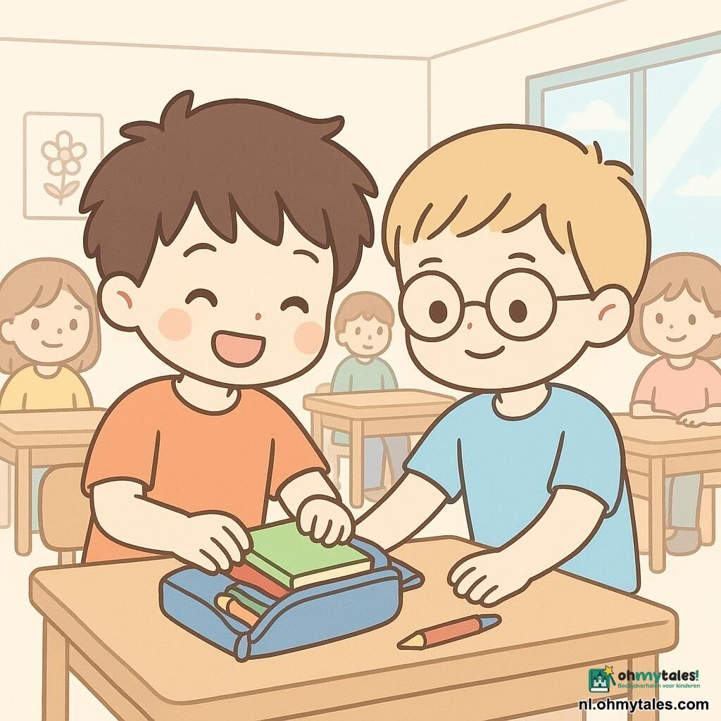 Een 10-jarige jongen, Mats genaamd, met warrig bruin haar en een grote glimlach, zit aan een schooltafel. Hij is geconcentreerd bezig zijn kleurrijke boeken en potloden netjes in een etui te doen. Naast hem helpt een andere 10-jarige jongen, Sam, met kort blond haar en ronde bril, hem vrolijk zijn spullen te organiseren. Ze zijn in een lichte klaslokaal, met muren versierd met kindertekeningen en ramen die zonlicht binnenlaten. De situatie toont voornamelijk Mats en Sam die samen lachen, omringd door hun klasgenoten, wat een warme en vriendelijke sfeer creëert.
