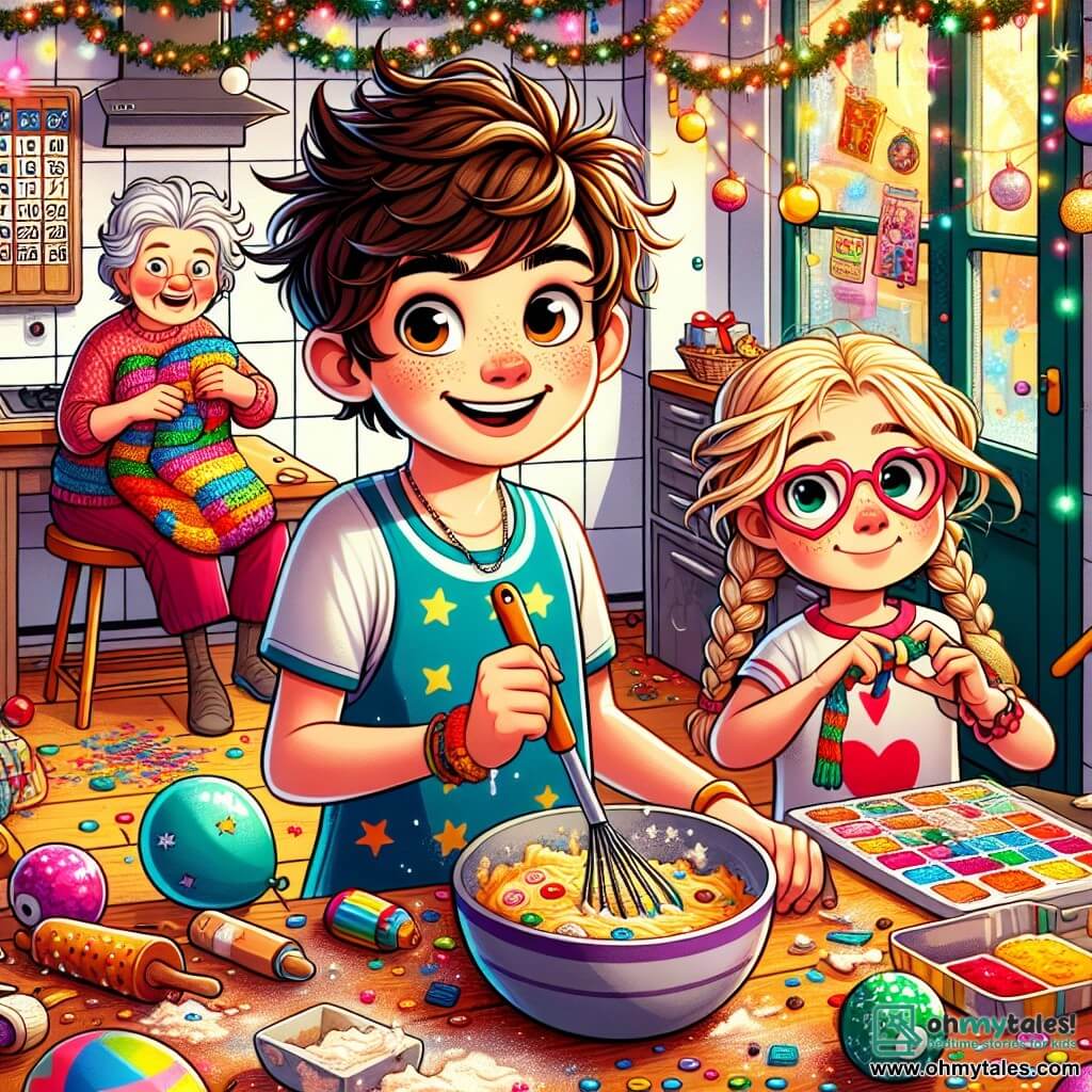 A 12-year-old boy named Max, with messy brown hair and sparkling mischievous eyes, stands in the middle of his messy kitchen, a big smile on his face and his cheeks slightly flushed with excitement. He wears a blue t-shirt with stars and red jogging pants, holding a spatula in one hand and a bowl of colorful dough in the other. Next to him, his 8-year-old sister Molly, with braided blonde hair and heart-shaped glasses, watches curiously with her hands on her hips, ready to help or disrupt him. Their grandmother, an elderly lady with gray hair in a bun and round glasses, sits at the table, joyfully laughing while knitting a colorful scarf. The kitchen is decorated with sparkling garlands and colorful balloons, with confetti scattered on the floor. A large Advent calendar hangs on the wall, indicating that New Year's is approaching. Max, with a determined look, is trying to prepare magical treats while keeping the secret of his surprise party, while Molly and their grandmother enjoy guessing what he is making, creating a joyful atmosphere full of laughter.