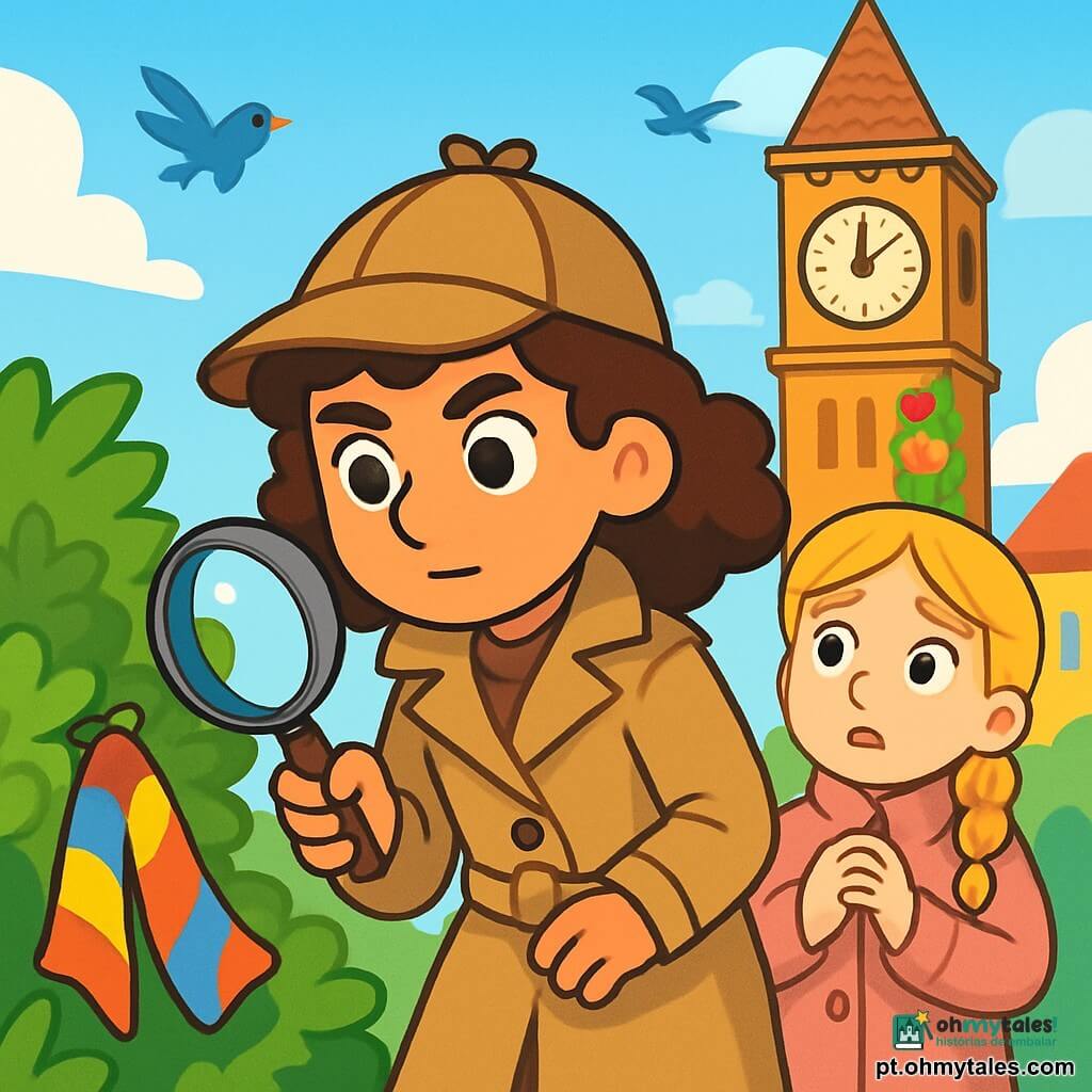 Uma jovem detetive, Clara, com cabelos castanhos e cacheados, usa um trench coat bege e um chapéu de detetive. Ela tem um olhar determinado e curioso, segurando uma lupa na mão direita, examinando atentamente um lenço colorido preso a um arbusto. Ao lado dela, uma jovem garota, Júlia, de cerca de 10 anos, com cabelos loiros trançados, usa um casaco rosa e parece ansiosa, olhando ao redor com os olhos arregalados. Ao fundo, a grande torre do relógio da cidade, adornada com flores coloridas, se ergue majestosa sob um céu azul claro, enquanto pássaros voam alegremente. A cena mostra Clara e Júlia investigando um mistério, cercadas pela atmosfera pacífica, mas intrigante, da pequena cidade de Florencinha.