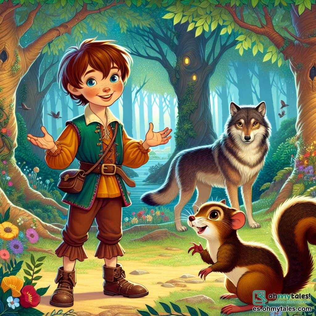 El Petit Poucet, un niño de cabello castaño y ojos llenos de curiosidad, se encuentra en el centro de la escena, sonriendo y con los brazos abiertos como si acogiera a sus amigos. Lleva una túnica colorida y pantalones cortos, con zapatos de cuero desgastados por sus aventuras. A su lado, Nutria, una pequeña ardilla de ojos brillantes y pelaje marrón, está en una rama observando al Petit Poucet con admiración y animándolo a hablar con los demás animales. Al fondo, el Lobo, un gran animal de pelaje gris y ojos suaves, se mantiene un poco apartado, con una expresión tímida pero amistosa, observando la escena. El lugar es un claro encantado del bosque mágico, rodeado de árboles majestuosos y flores coloridas. La situación principal muestra al Petit Poucet presentando al Lobo a los otros animales, buscando romper prejuicios y crear lazos de amistad, mientras los animales, al principio dudosos, comienzan a acercarse con curiosidad.