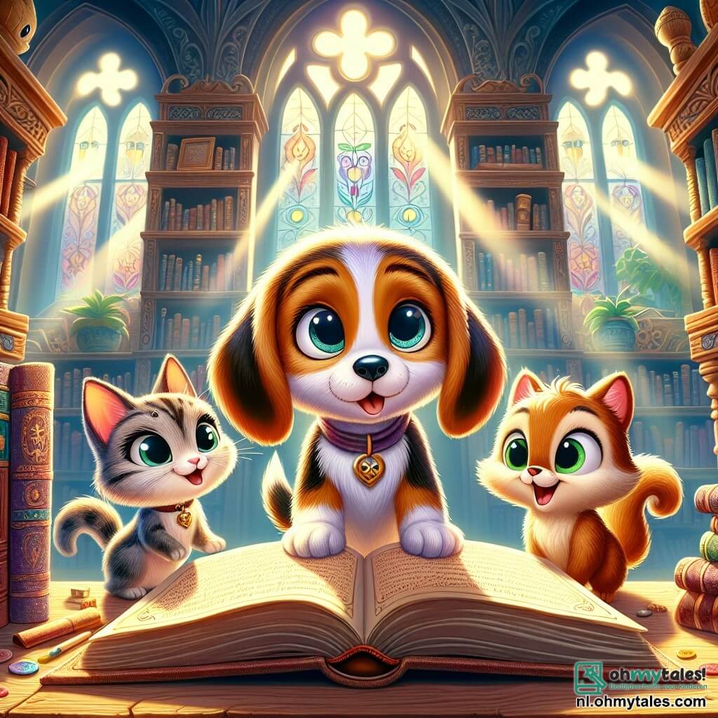 Sam, een kleine beagle met grote hangende oren en een bruin-witte vacht, staat voor een oud stoffig boek in een magische bibliotheek, zijn ogen stralend van opwinding en nieuwsgierigheid. Naast hem kijkt Pippa, een mooie gestreepte kat met sprankelende groene ogen, met een nieuwsgierige glimlach naar het boek, terwijl Nibbles, een eekhoorn met een rossige vacht en een pluizige staart, vrolijk om hen heen springt, zijn kleine pootjes in de lucht, vol energie. De plek is een betoverde bibliotheek, met sculptuur houten planken, boeken met kleurrijke covers, en lichtstralen die door grote ramen met glas-in-lood filteren, wat een warme en magische sfeer creëert. De hoofdscène toont Sam en zijn vrienden die een oud mysterieus boek ontdekken dat over een schattenjacht gaat, hun gezichten verlicht door de opwinding van het komende avontuur.
