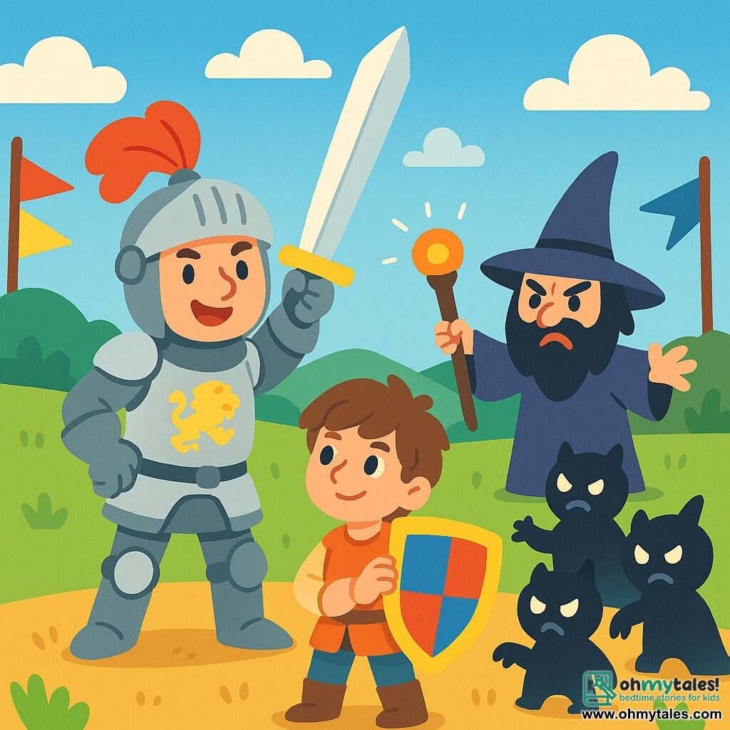 A brave knight, Sir Cedric, stands proudly at the center of the scene. He wears shining armor adorned with lion patterns, and his face shows determination with a confident smile. He wields his sparkling sword, ready to defend his kingdom. Beside him is his young squire Thomas, a 12-year-old boy with messy brown hair, looking on with admiration while holding a brightly colored shield. The setting is a vibrant battlefield with green hills in the background and a blue sky dotted with white clouds. Colorful flags flutter in the wind, adding a touch of joy to the scene. The main situation shows Sir Cedric and Thomas facing an evil sorcerer surrounded by dark creatures in an epic struggle between good and evil.