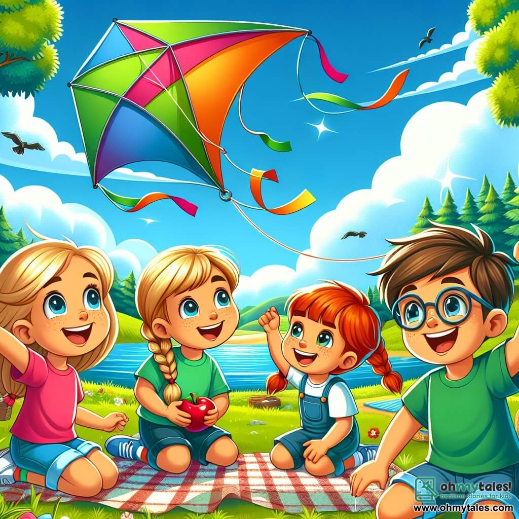 In a sunny summer camp, four children are playing together. Liam, an 8-year-old boy with brown hair and glasses, is holding a large colorful kite that is rising in the blue sky. Next to him, Mia, a 7-year-old girl with braided blonde hair, smiles as she raises her arms to catch the kite. Emma, another 8-year-old girl with red hair and freckles, is sitting on the grass, eating a juicy red apple. Finally, Noah, a 7-year-old boy with black hair and a green t-shirt, is running around them, laughing joyfully. The setting is a beautiful campground surrounded by green trees and a sparkling lake. The sky is bright blue with a few fluffy white clouds. The main scene shows the children enjoying flying the kite, their faces lit by the sun and filled with joy, while the kite floats high in the sky, adding a splash of color to this lovely summer day.