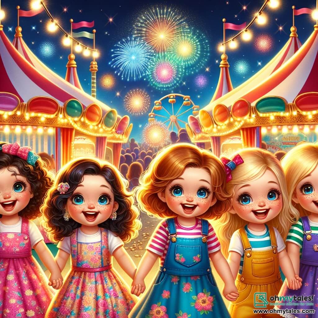 In the center of the image, four joyful girls hold hands. Lily, an 8-year-old with blonde hair and sparkling blue eyes, wears a pink dress with floral patterns. To her left, Mia, a girl with curly brown hair and brown eyes, is dressed in a colorful skirt and a yellow t-shirt, laughing heartily. On the right, Zoe, a 7-year-old with straight black hair and round glasses, wears blue overalls and a striped t-shirt. Finally, Bella, a 9-year-old with red hair and freckles, is in a purple dress and smiles widely. They are in front of a large colorful carousel, surrounded by multicolored balloons and sparkling garlands. The setting is a magical carnival with red and white striped tents, bright lights twinkling in the night, and candy stands displaying mountains of cotton candy and golden popcorn. In the background, a huge firework bursts in the starry sky, illuminating the amazed faces of the children. The main scene shows the four girls dancing and laughing on the carnival stage, wearing colorful masks, while a fun magician in a blue coat invites them to join a magic show. Colorful confetti falls around them, creating a festive and joyful atmosphere.
