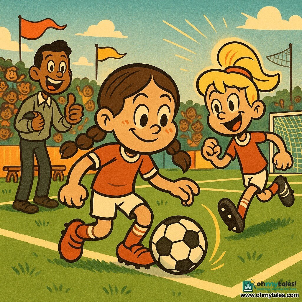 Mia, about 11, round face, brown braids, focused smile and bright eyes, shields the ball with her feet and makes a precise pass; Lily, about 11, blonde ponytail and joyful look, runs toward goal to shoot right of Mia; Sam, about 12, tan skin and short hair, thumbs up encouraging from rear left; Mr. Thompson, adult coach with thin mustache and light jacket, applauds near the sideline and team bench; grassy football field with vivid green turf, crisp white lines, a child-filled stand and fluttering banners, clear blue sky and warm sun; dynamic moment of the decisive pass with exaggerated motion, an arc of luminous ball trajectory, floating flags, joyful and strained expressions; visual style: saturated colors, thick black outlines, flexible exaggerated proportions like rubber hose, simple contrasted textures.