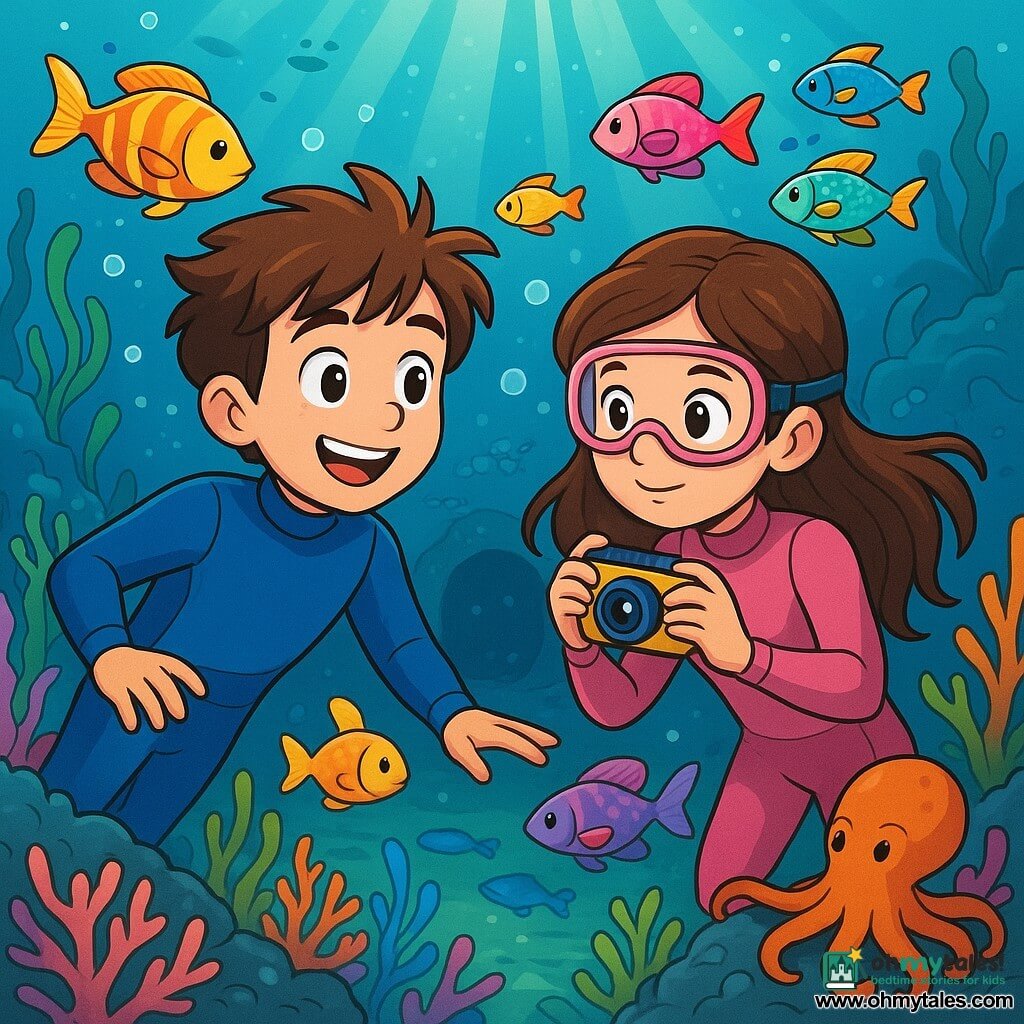 A 12-year-old boy, Elliot, with tousled brown hair and sparkling curious eyes, swims underwater, a look of wonder on his face. He wears a blue wetsuit that contrasts with the bright colors of the fish around him. Beside him is his best friend Jasmine, a 12-year-old girl with long brown hair, holding an underwater camera, fascinated by the beauty of marine creatures. She also wears a pink wetsuit and is intently watching a group of colorful fish. The background of the illustration shows a magical underwater landscape, with colorful corals, swaying seaweed, and rays of light filtering through the water's surface. In the center, a mysterious tunnel appears, surrounded by barnacle-covered stones. The main scene depicts Elliot and Jasmine discovering a bright underwater garden, where sparkling fish swim joyfully around them, while a curious octopus observes them from a rock.