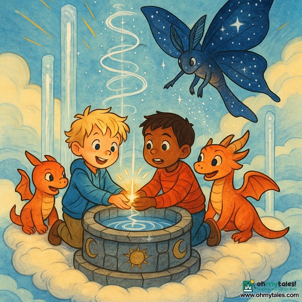 Four characters: Finn, a 6-year-old blond boy in a light blue jacket and khaki pants, kneeling left and holding Milo’s hand while smiling determinedly at the glowing well; Milo, a 6-year-old brown-haired boy in a red striped sweater and jeans, kneeling right, joining Finn’s hand over a small golden light with a brave, poignant expression; Ember, a dog-sized guardian dragon with orange-to-pearlescent-pink scales and leaf-shaped horns, standing on hind legs behind them, leaning toward the well with folded wings and bright eyes; and Star Moth, a kite-sized nocturnal creature with deep starry-blue wings and silver accents, hovering right above the well and sprinkling sparkles. Setting: a floating Skywell on a wide fluffy cloud, ringed by luminous water pillars and engraved stones, with a sea of soft clouds and a bright blue sky. Main scene: the boys and Ember hold a shared small light rising in silver rings into the Skywell as Star Moth scatters sparks; warm tones for characters and cool silvery highlights on the well, sharp inked lines, soft heroic atmosphere.