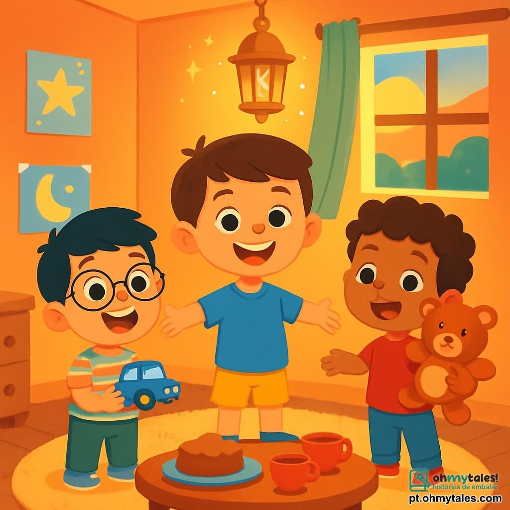 Há 3 personagens: Sami, um garoto de 7 anos com cabelos castanhos e olhos brilhantes, vestindo uma camiseta azul e um short amarelo, está de pé no centro, sorrindo com os braços abertos; Zaki, um menino de 6 anos com cabelos pretos e óculos redondos, usando uma camisa listrada colorida e calças verdes, está à esquerda de Sami segurando um pequeno caminhão azul, com os olhos arregalados de alegria; Bilal, um garoto de 5 anos com cabelos cacheados e um ursinho de pelúcia nos braços, vestido com uma camiseta vermelha e calças jeans, está à direita de Sami, sorrindo e levantando seu ursinho como se quisesse mostrá-lo aos amigos. O local é um quarto infantil aconchegante, com um tapete macio no chão e paredes pintadas em cores vibrantes, decorado com desenhos de estrelas e luas. Uma janela aberta deixa entrar a luz dourada do sol poente, e sobre a mesa há um pequeno lanche com bolo e xícaras de chá. A cena mostra os três amigos reunidos, ansiosos e felizes, esperando o momento de compartilhar um lanche especial para celebrar o início do Ramadã, cercados por uma luz suave e uma atmosfera alegre, com uma pequena lanterna mágica brilhando acima deles, acrescentando um toque de magia a esse momento de partilha.