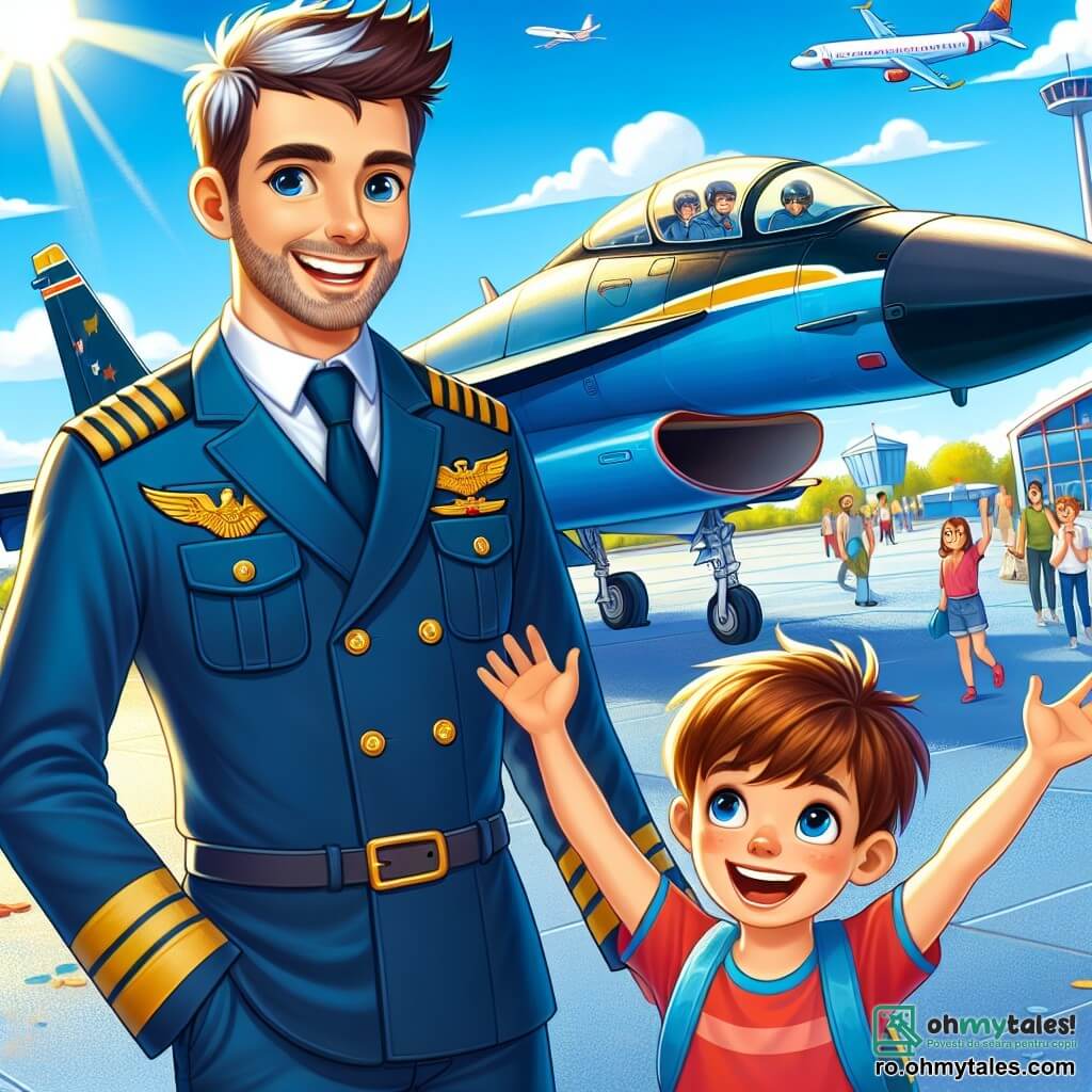 Un pilot de avion, un bărbat de patruzeci de ani, cu părul brun ușor cărunt și o barbă bine întreținută, stă lângă avionul său de vânătoare strălucind sub soare. El poartă o uniformă de pilot bleumarin, cu insigne aurii pe umeri, și afișează un zâmbet larg de mândrie și entuziasm, pregătit să împărtășească dragostea sa pentru zbor. Lângă el, un băiat de 10 ani, Luca, cu părul castaniu și ochii strălucind de curiozitate, privește cu uimire avionul, cu brațele ridicate în semn de bucurie. El poartă un tricou roșu și o pereche de pantaloni scurți albaștri, iar expresia sa arată cât de mult visează să devină pilot într-o zi. În fundal, un aeroport animat cu avioane de toate dimensiunile, hangare colorate și nori pufoși într-un cer albastru strălucitor. Oamenii se mișcă, unii făcând fotografii, alții admirând avioanele. Situația principală arată pilotul explicându-i lui Luca minunile aviației, în timp ce alți copii, fascinați, îi înconjoară, ascultând cu atenție și visând să zboare într-o zi.