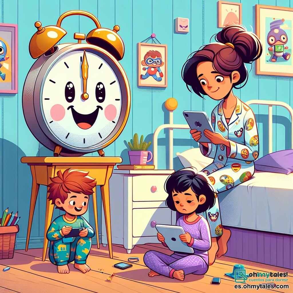 Un pequeño despertador con cara sonriente, agujas doradas y un cuerpo de metal brillante, se encuentra en una mesita de noche, listo para despertar a la familia para un nuevo día. Al lado, una mamá con el cabello castaño desordenado, en pijama colorido, mira su teléfono con aire preocupado, sentada en la cama, mientras dos niños, un niño de cabello castaño y una niña con coletas, están sentados en el suelo, absortos en sus tabletas, mostrando expresiones de concentración. La escena se desarrolla en un dormitorio acogedor, con paredes pintadas de azul pastel, carteles de superhéroes colgados y juguetes esparcidos por el suelo, creando un ambiente cálido y animado. El despertador intenta recordar a la familia la importancia de desconectarse de las pantallas para compartir momentos juntos, mientras los niños y su madre están inmersos en sus dispositivos, inconscientes del tiempo que pasa.