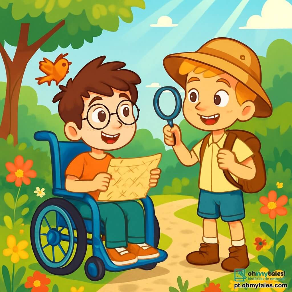 Há 2 personagens principais: - Zeca: um garoto de 8 anos, com cabelos castanhos bagunçados e óculos redondos. Ele está sentado em uma cadeira de rodas azul, sorrindo e observando o jardim com curiosidade. - Lucas: um garoto de 7 anos, com cabelos loiros e um chapéu de explorador. Ele segura uma lupa em uma mão e uma mochila pequena na outra, em pé ao lado de Zeca, pronto para partir em uma aventura. O cenário é um jardim ensolarado, cheio de flores coloridas, árvores verdes e um pequeno caminho de cascalho. Ao fundo, um velho galinheiro de madeira, levemente enferrujado, se ergue sob um céu azul brilhante. Raios de sol filtram através das folhas, criando sombras dançantes no chão. A situação principal mostra Zeca e Lucas, com os olhos brilhando de excitação, discutindo sua próxima aventura. Eles examinam um mapa desenhado em um guardanapo, cercados pela animação de insetos e pássaros cantando, prontos para partir em busca de um tesouro escondido em seu jardim mágico.