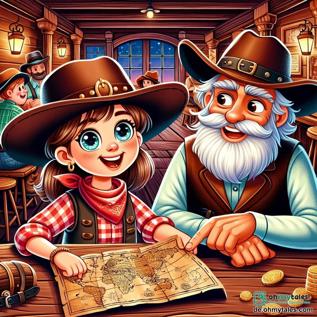 Cowgirl Lili, ein mutiges Mädchen von etwa 10 Jahren, trägt einen braunen Cowboyhut, ein rotes kariertes Hemd und eine abgewetzte Jeans. Sie hat funkelnde Augen vor Neugier und ein breites Lächeln im Gesicht, während sie eine alte Schatzkarte in den Händen hält. Neben ihr sitzt der alte Cowboy Sam, ein etwa 60-jähriger Mann mit einem langen weißen Bart und einem abgetragenen Hut, an einem Holztisch, lächelnd und zeigt ihr die Karte. Der Ort ist ein lebhafter Saloon mit dunklen Holzwänden, Eichenholztischen und gedämpften Lichtern, die eine warme Atmosphäre schaffen. Kunden lachen und unterhalten sich an einer massiven Holzbar, während ein Pianist in einer Ecke eine fröhliche Melodie spielt. Die Hauptsituation zeigt Lili, voller Aufregung, bereit für das Abenteuer, um den geheimnisvollen Schatz zu finden, während Sam ihr mit einem wohlwollenden Blick Ratschläge gibt.