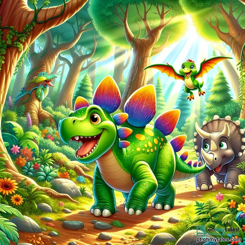 Um estegossauro chamado Tito, com pele verde brilhante e placas coloridas nas costas, sorri com curiosidade enquanto explora um caminho escondido na floresta. Ao seu lado, um tricerátopo chamado Lara, com chifres majestosos e pele bege, observa ao seu redor, maravilhada com a beleza da natureza. Um pterodáctilo chamado Pipo, com asas largas e coloridas, plana alegremente acima deles, pronto para se juntar à sua aventura. O local é uma floresta luxuriante, cheia de árvores gigantes com folhas verdes vibrantes, flores coloridas e rochas brilhantes. A luz do sol filtra-se através dos galhos, criando sombras dançantes no chão. A cena principal mostra Tito e seus amigos descobrindo um caminho misterioso, rindo e se divertindo juntos, prontos para viver uma nova aventura emocionante.