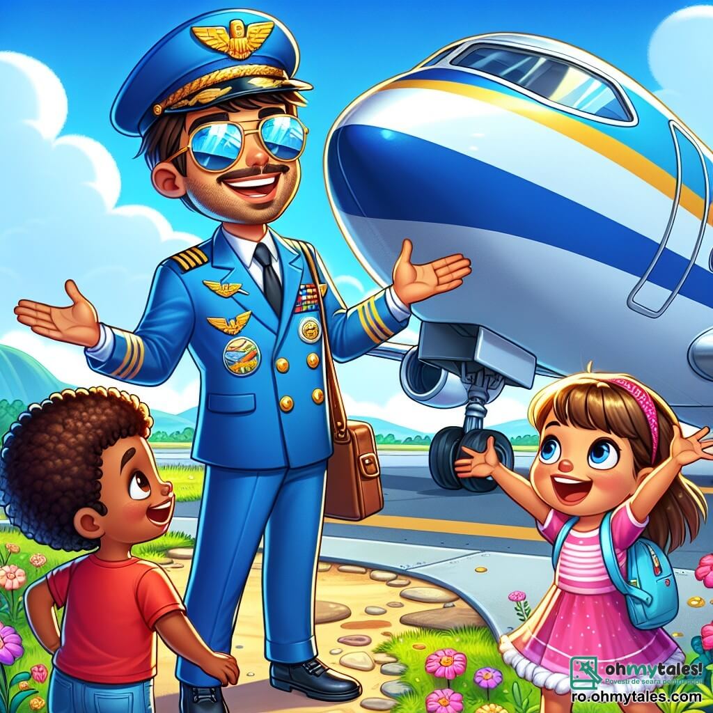 Un bărbat pilot, zâmbitor și entuziast, poartă un uniform albastru cu epauleți aurii. Are părul brunet și ochelari de soare care reflectă cerul albastru. Se află lângă avionul său mare alb, cu brațele deschise, pregătit să primească copii curioși. Mihai, un băiat de 8 ani, are părul castaniu și poartă un tricou roșu. Se uită la pilot cu ochii mari, plin de admirație. Lângă el, Ana, o fetiță de 6 ani cu părul blond și o rochie roz, sare de bucurie ridicând brațele, nerăbdătoare să îi pună întrebări pilotului. Scena se desfășoară pe o pistă de aterizare însorită, înconjurată de verdeață și flori colorate, cu un cer albastru deschis presărat cu câteva nori albi pufoși. Pilotul le povestește copiilor aventurile sale în aer, în timp ce ei îl ascultă cu atenție, fascinați de poveștile sale despre călătorii deasupra munților și oceanelor.